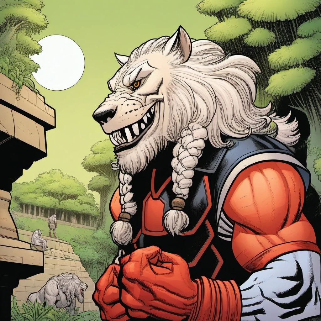 an anthromomorphic lyon looking at a lyon in a zoo <lora:BattleBeast1024:0.8>