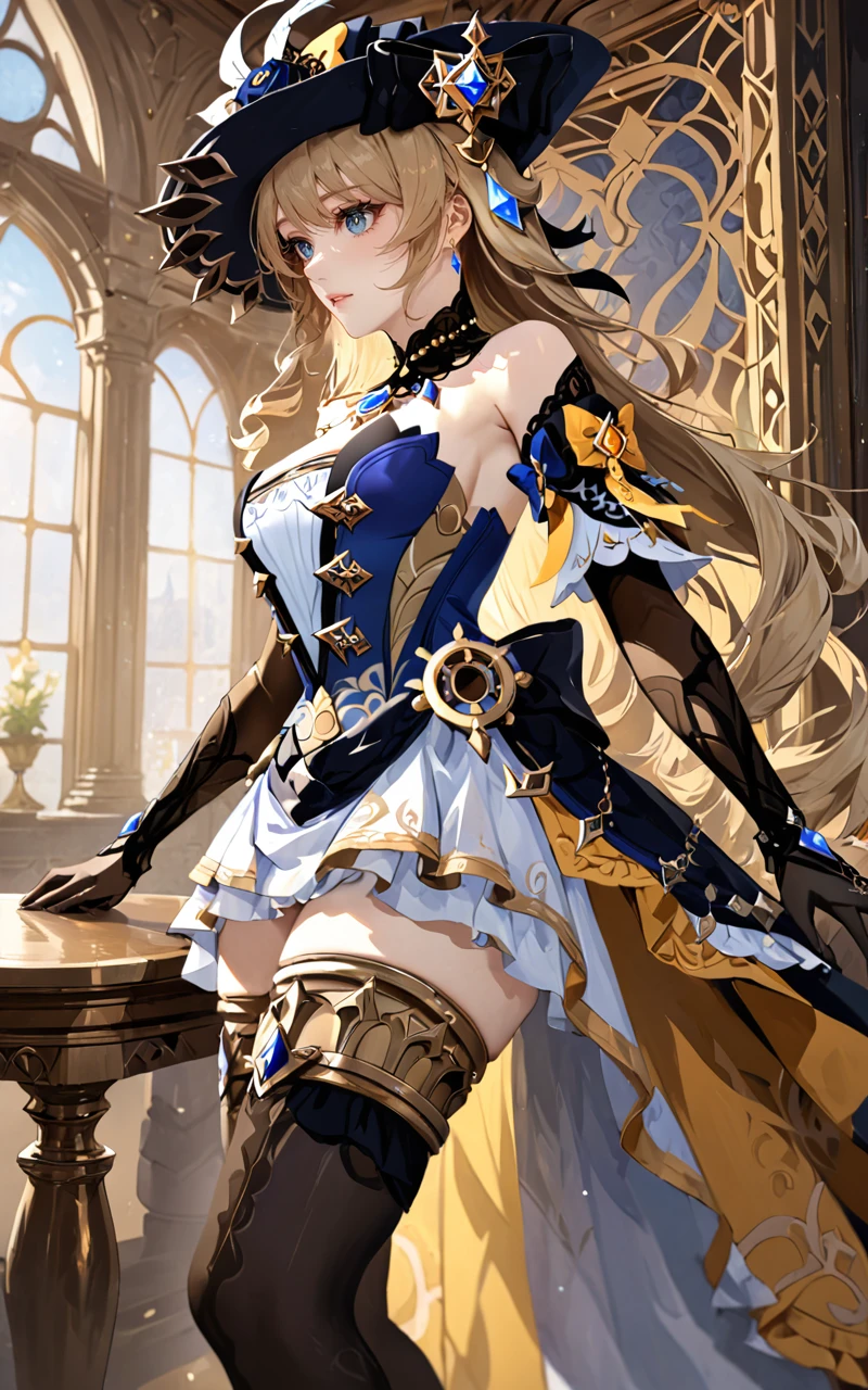 extreme detailed 1girl, masterpiece, ultra-detailed, an extremely delicate and beautiful, solo, navia /(genshin impact/), blue eyes, dress, detached sleeves, jewelry, black thighhighs, gloves, hat, stay, indoors, <lora:Navia_XL_LoRA:1>,  <lora:Desolation:0.5> <lora:aesthetic_anime_v1s:0.6>