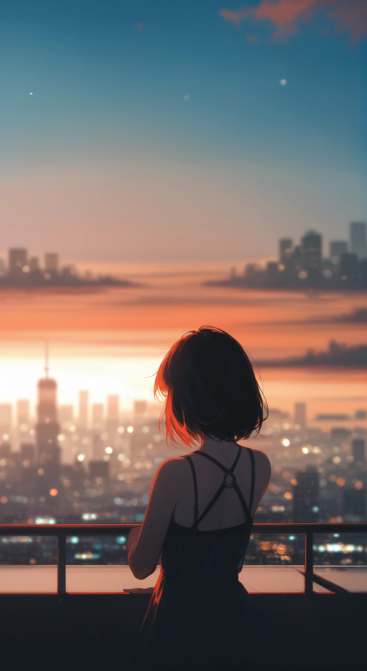 score_9,score_8_up,impressionism,summer.sunset.1girl's back,marvelous,cityscape,depth of field,