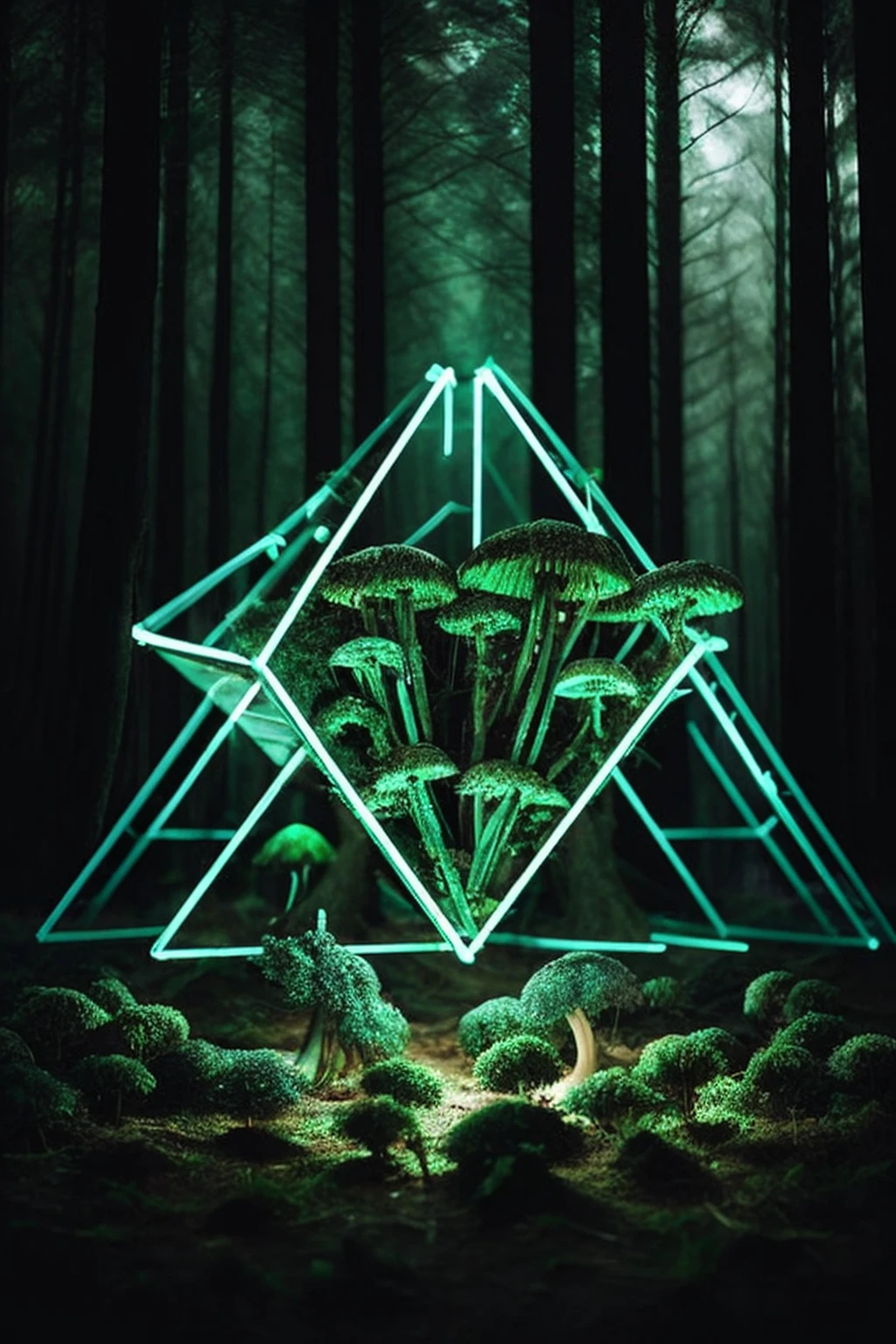 <lora:detail_slider_v4:1> m00dygr33n, neon, stressâenergy tensor, mystical forest, floating tetrahedral, subsurface lighting, mushrooms, <lora:m00dygr33n:0.8>