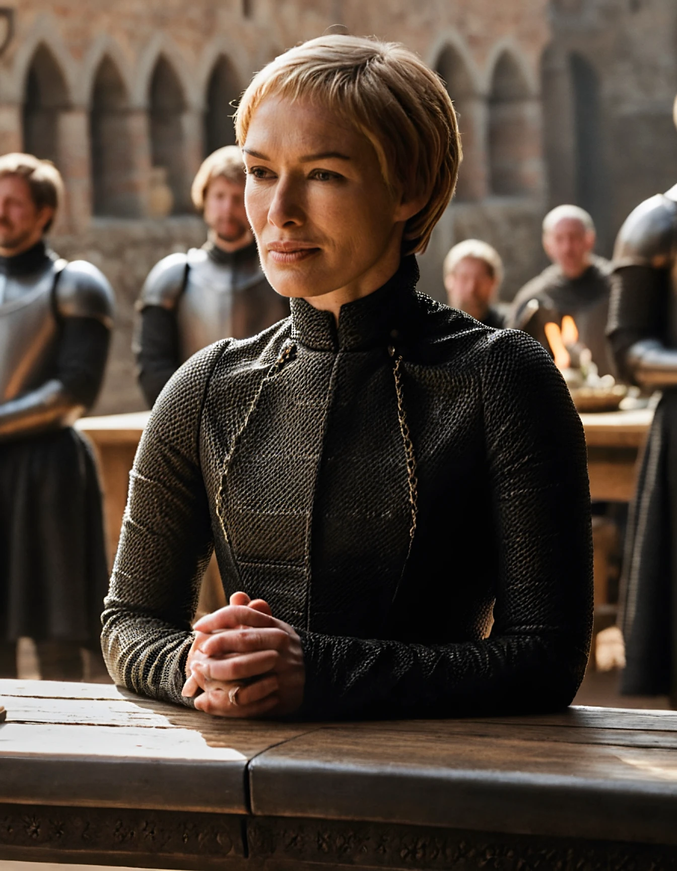 high resolution photo of crsi woman with short blonde hair,full body shot,at medieval table