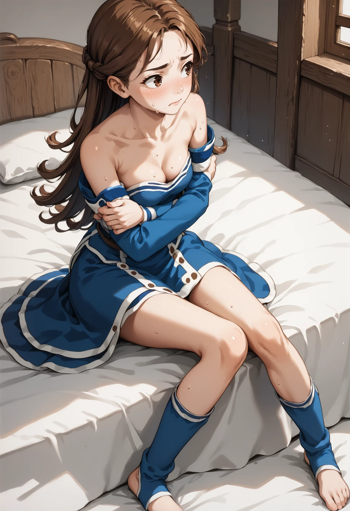 girl, solo, brown hair, brown eyes, long hair, blue outfit, miniskirt, short skirt, bare legs, exposed shoulders, long sleeves, detached sleeves, blue leg warmers, toeless legwear, undressing, open clothes, cleavage, small breasts, blush, sweat, embarrassed, looking to the side, sitting, bed, medieval inn, indoors, dutch angle  <lora:Millie_Gensou_Suikoden_II_XLv2:1>, score_9, score_8_up, score_7_up, score_6_up, score_5_up, score_4_up, BREAK source_anime, masterpiece