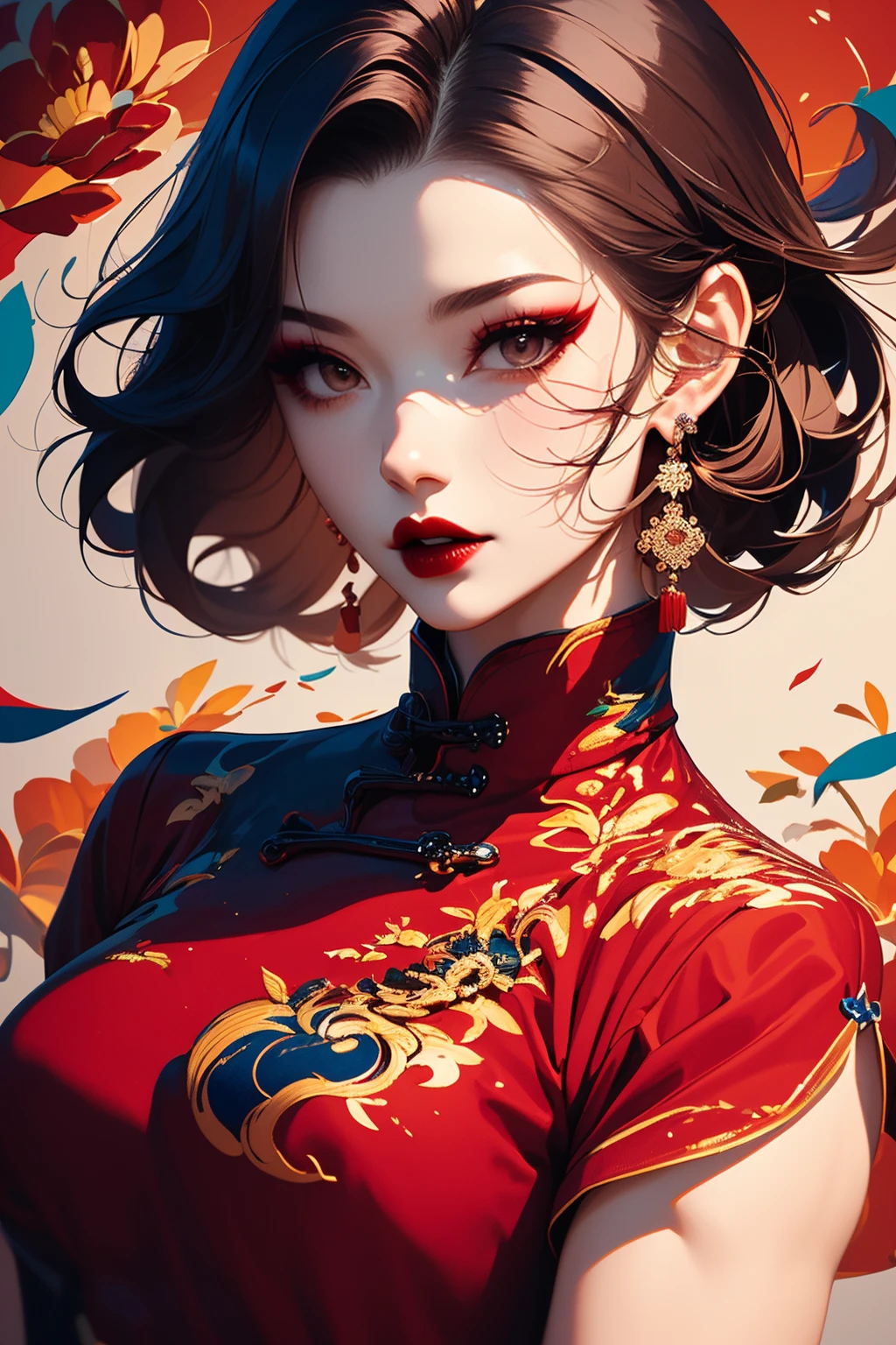 qipao,1girl,solo,jewelry,earrings,red lips,looking at viewer,short sleeves,brown hair,short hair,chinese clothes,brown eyes,red shirt,makeup,shirt,parted lips,dress,lipstick,<lora:qipao_20240401232850-000014:1>,