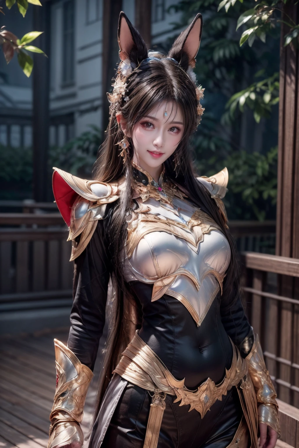 <lora:heihua-5:0.7>,super high resolution,best quality,Photos,4k,(Realistic:1.2),heihua,1girl,(animal ears:1.1),hair ornament,long hair,(jewelry:1.1),looking at viewer,red lips,(thigh:1.1),smile,standing,eyeshadow,cowboy_shot,