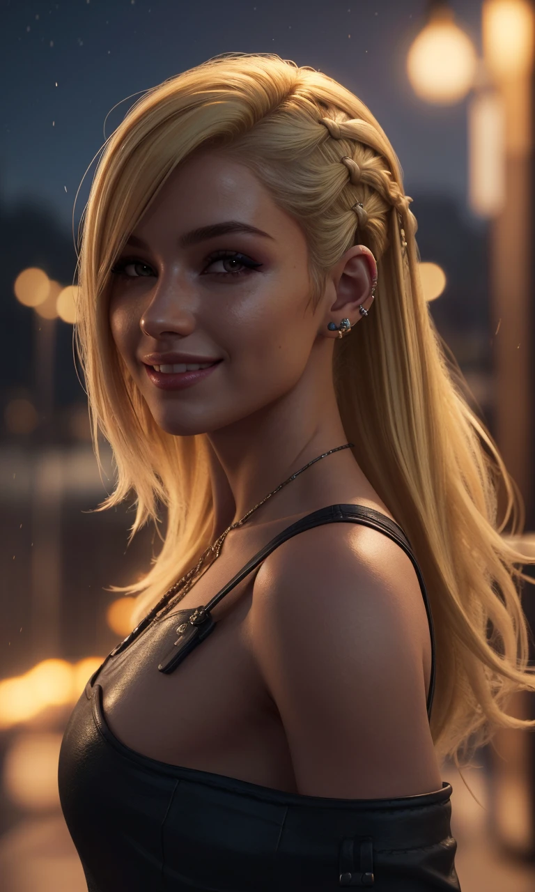 brundercut2024, 1girl, blonde hair, photorealistic, best quality, masterpiece, raw image, depth of field, smile, detailed skin, uhd, 8k, detailed eyes, night cinematic lighting, undercut