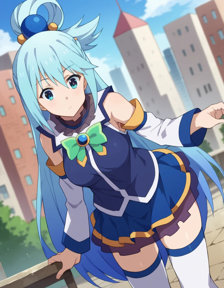 score_9, score_8_up, score_7_up, source_anime,
konosubaaqua, <lora:konosuba-aqua-s2-ponyxl-lora-nochekaiser:1>,
aqua \(konosuba\), long hair, blue eyes, hair ornament, very long hair, blue hair, hair rings, single hair ring, hair bobbles,
skirt, shirt, thighhighs, bare shoulders, detached sleeves, white thighhighs, blue skirt, blue shirt, green bow,
outdoors, cityscape, bent over,
looking at viewer, cowboy shot, dutch angle,