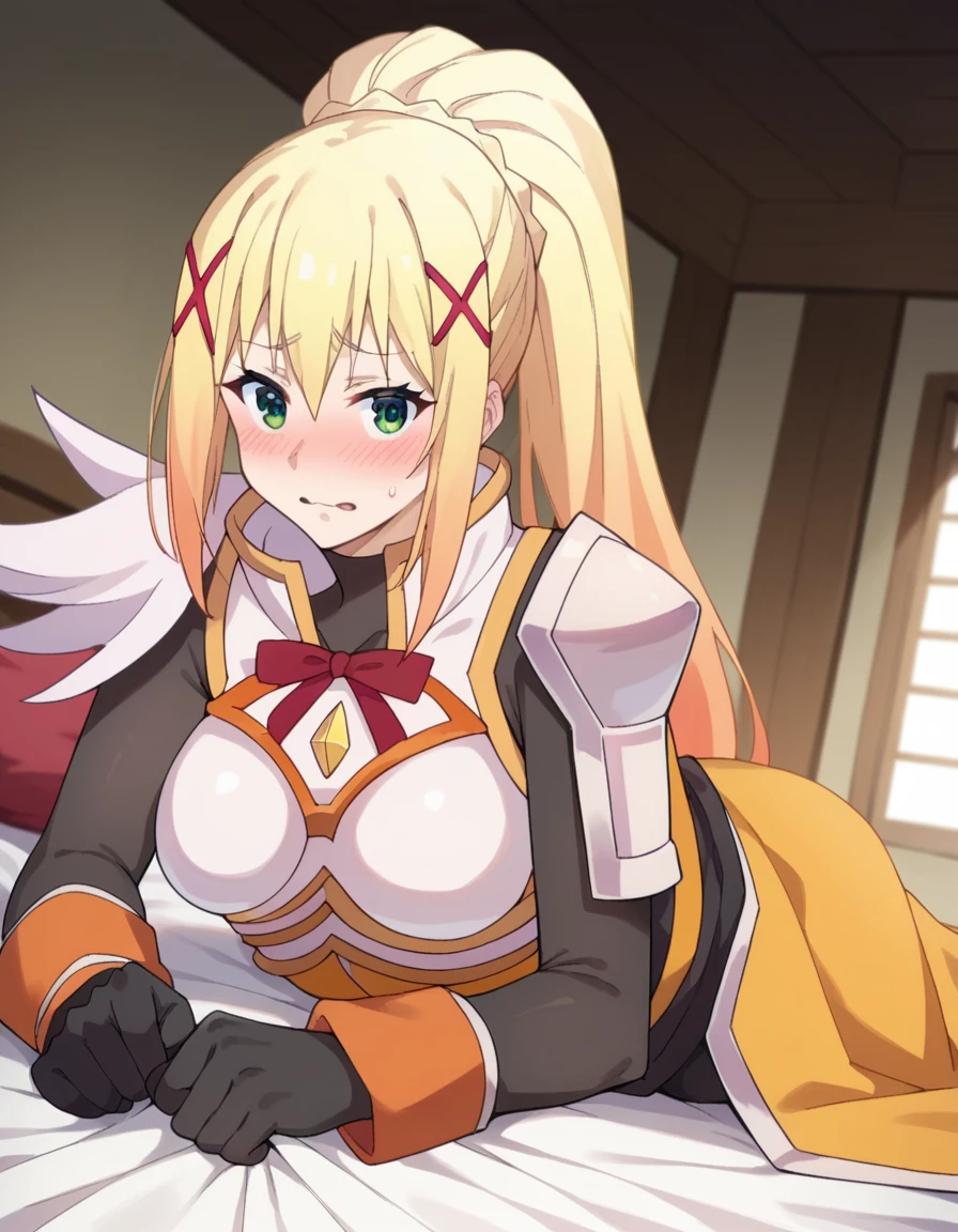 score_9, score_8_up, score_7_up, source_anime,
lalatinadustinessford, <lora:lalatina-dustiness-ford-s2-ponyxl-lora-nochekaiser:1>,
darkness \(konosuba\), long hair, green eyes, blonde hair, hair ornament, ponytail, braid, x hair ornament,
gloves, armor, bodysuit, shoulder armor, armored dress,
indoors, bed, bed room, on side, blush, drunk,
looking at viewer, dutch angle, cowboy shot,