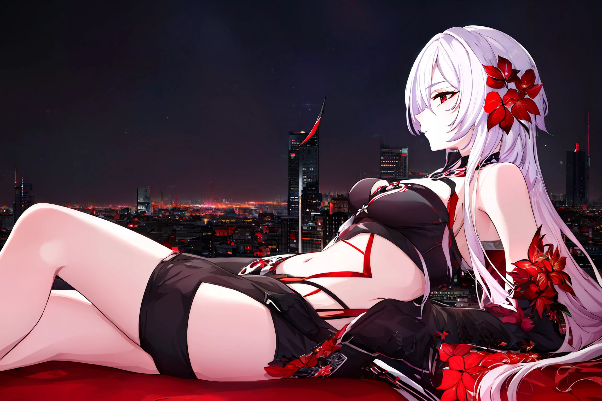 <lora:redacheron_SD:0.75> redacheron, from side, leaning against, 1girl, long hair, absurdly long hair,  white hair, red eyes, pale skin, medium breasts, cleavage, black sleeveless top, black shorts, navel, midriff, red flower, honkai \(series\), 
BREAK
top of skyscraper, at night, cityscape, city lights,