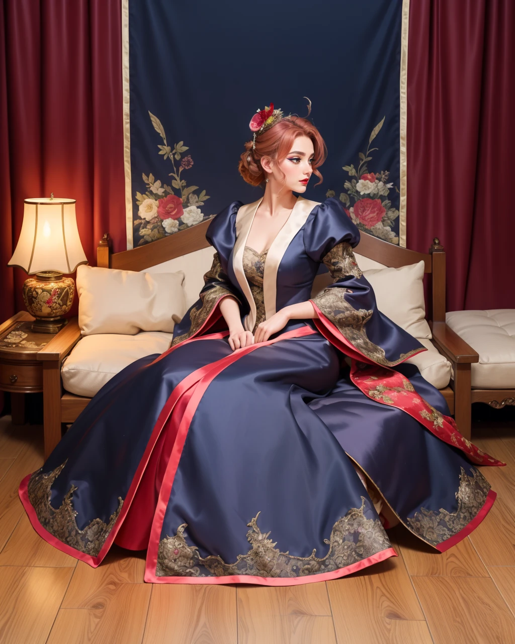 Fairy tale adult beautiful woman, solo, <lora:Outfit_soph-SurcoatAppliqueGowns:0.65>, best quality, high quality, high detail, 8k, highres, full body, dr3ss, (surcoat lapel) brocade silk victorian fashion,  juliet sleeves, vibrant color,  (black opal) intricate ballgown, floral applique print, unique exotic headpiece, high heels,  Zen Japanese Tatami Room, Tatami mat flooring, sliding shoji screens, and a futon bed, offering a serene and minimalist space for meditation and rest. walking, garden, , eyeliner, eyeshadow, makeup, red lips [honey hair] layered shag with fringe, (silk scarf headband:1.1), Posh red diamond jewelry by Chopard . Magical, fantastical, enchanting, storybook style, highly detailed