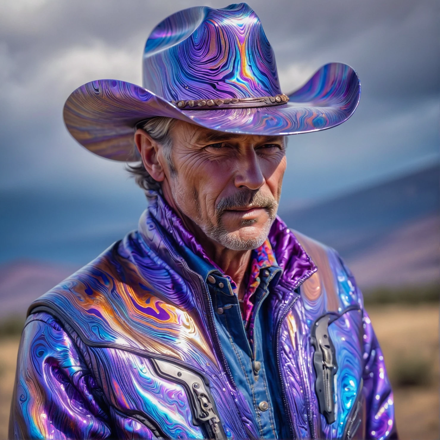 timascus style,realistic, realistic, a photo of a cowboy wearing a timascus jacket and hat,(SimplePositiveXLv2:0.6), <lora:Timascus_merge_update:1>