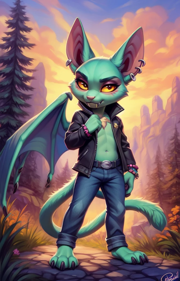 CatBatCrashTeamRumbleRoc  <lora:CatBatCrashTeamRumbleRoc:0.75>  jacket , yellow sclera, green skin, wings, white fangs,, pants, piercings, chibi,
textured fur, [Forest, path, trees, sky clouds, mountains,] solo,  looking at viewer, to his full height,  boy male,  wristband on the tail,
by Ulitochka, by Levelviolet, by Castitas, by Personalami