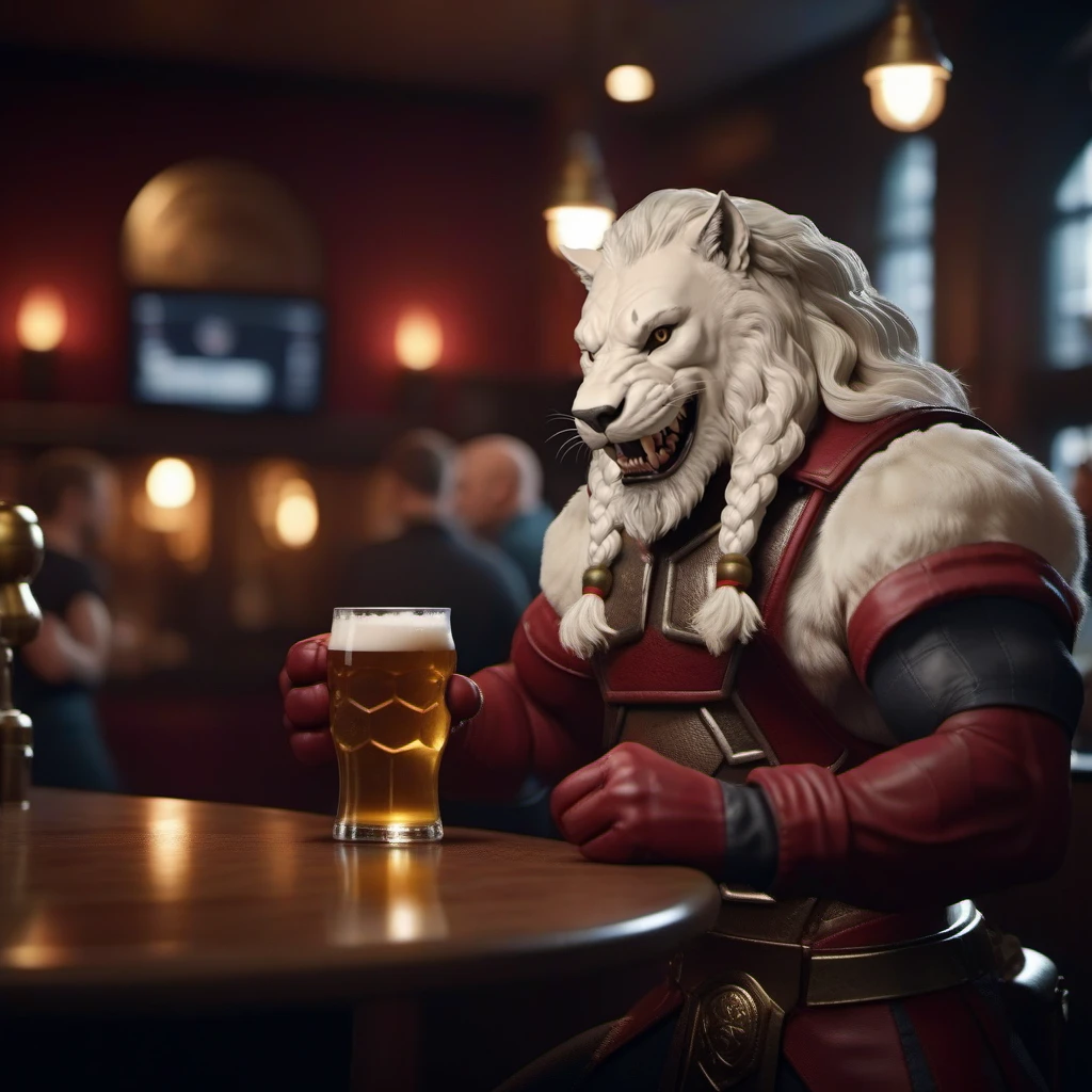 an realistic anthropomorphic lyon, having a beer in a pub <lora:BattleBeast1024:0.8>