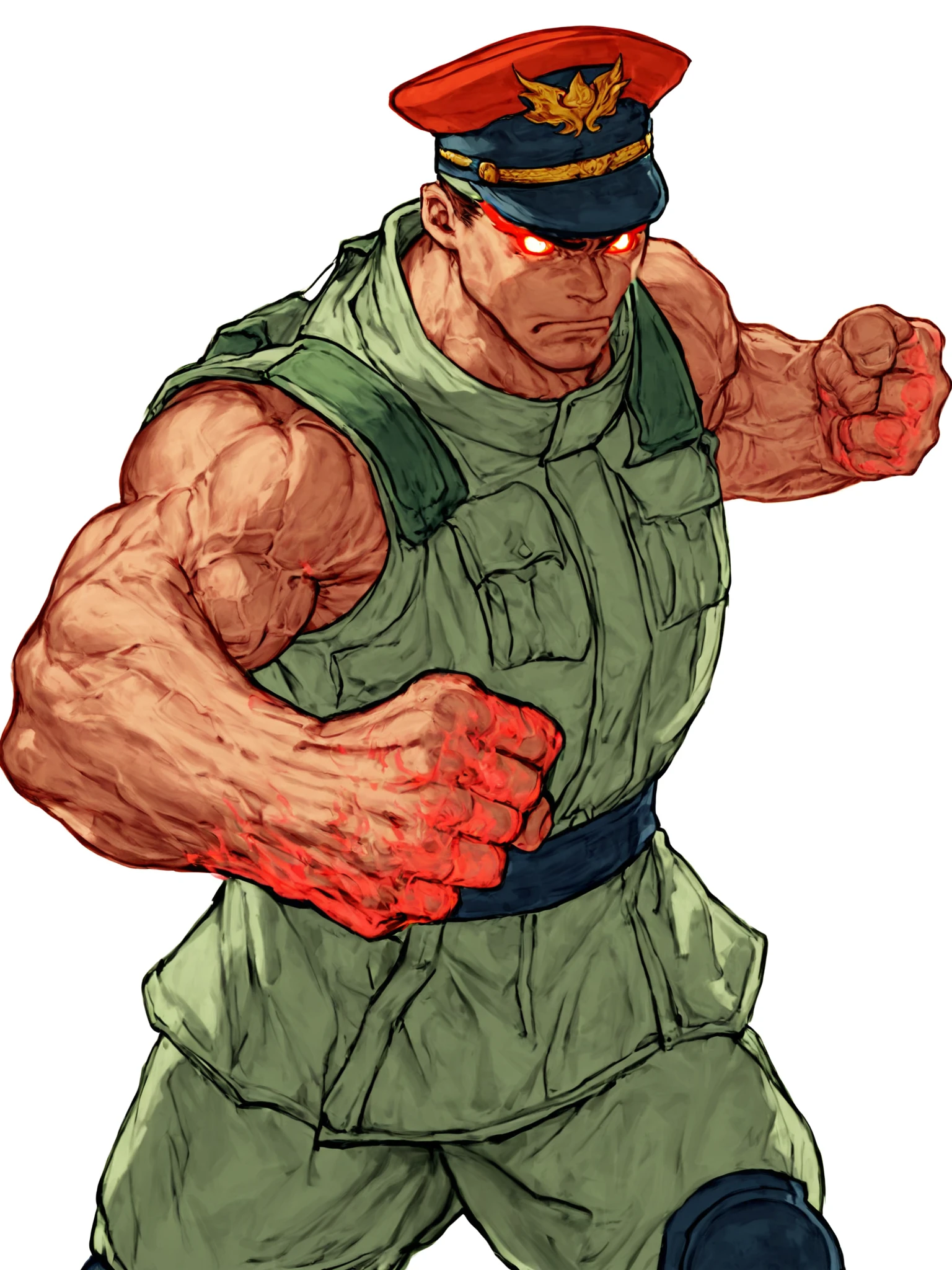 score_9, score_8_up, score_7_up, in kinu-sensei artstyle, 1boy, male focus, bulky body, muscular, veins, solo, hat, sleeveless uniform, military, red peaked cap, red uniform, armor, knee pads, cropped feet, glowing hands, blue flames, facing viewer, fighting stance, clenched fists, dynamic pose, white background, foreshortening,<lora:Kinu_Nishimura_Capcom_Style_LoRA_Pony-000010:0.75>