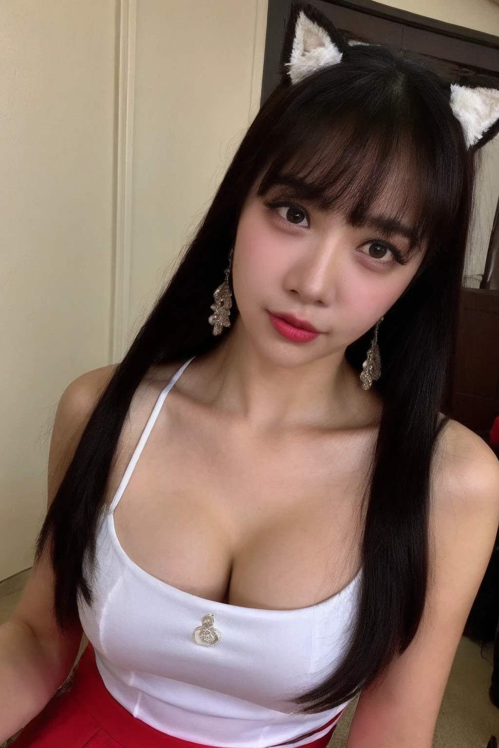 a woman with black hair and a cat ears on her head and a white dress with red and white trim,Du Qiong,cosplay,a photorealistic painting,plasticien,<lora:CUEE.v5.1_M2:0.7>,