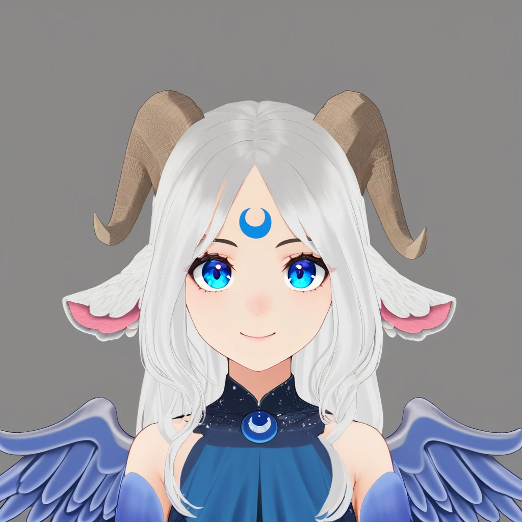 Aluki Baaland(Blue),1 girl, alone, long hair, looking at viewer, smile, blue eyes, animal ears, white goat ears, white hair, Only blue wings, brown horns, facial mark, red eyeliner, forehead mark crescent-shaped blue, sheep ears,