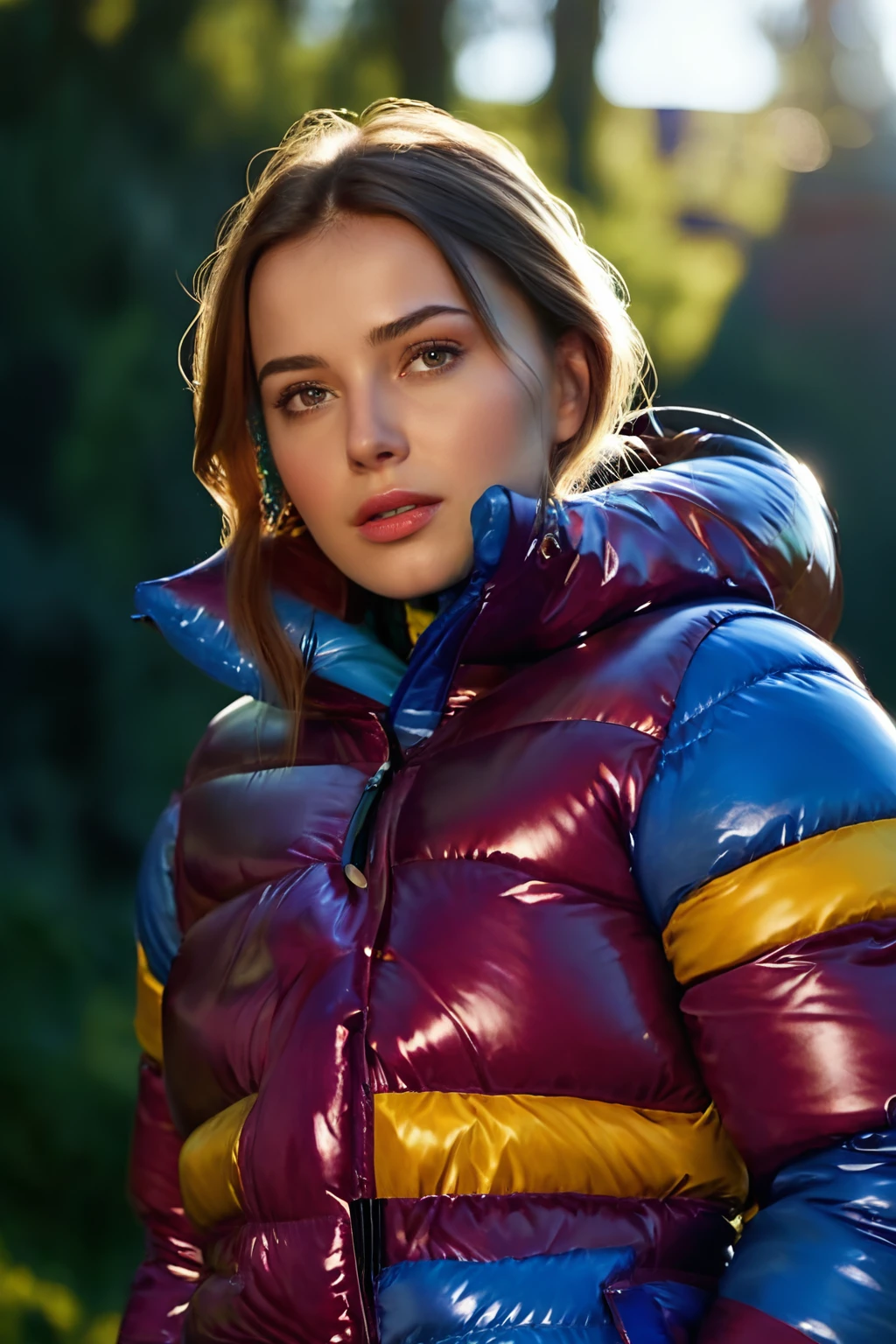 Stunning portrait of a sweet, cute, slim, long haired, young European woman. she is dressed in (shiny), colorful, completely enclosureable, (puffer down outfit:1.3) by parkasite, very high yoked. emotional, tempting, dramatic, high detail, realistic, realistic character design, inspiring, intense emotion, masterpiece, 8k, RAW photo, portrait, best quality, ultra high res, photorealistic, cinematic lightning, digital painting, storytelling, high resolution, depth of field, lens flare, <lora:Parkasite_XL:0.7>