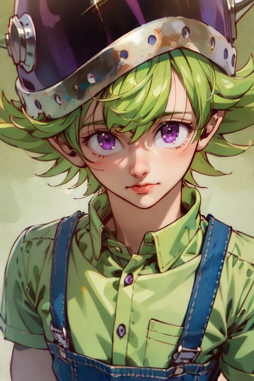 (best quality:1.1), (masterpiece:1.4), wallpaper, looking at viewer, , , anime coloring, (realistic:1.4), 1boy, solo, male focus, <lora:percival_nnt_mny:1>, percival_nnt_mny, green hair, purple eyes, , overalls, homburg, ,