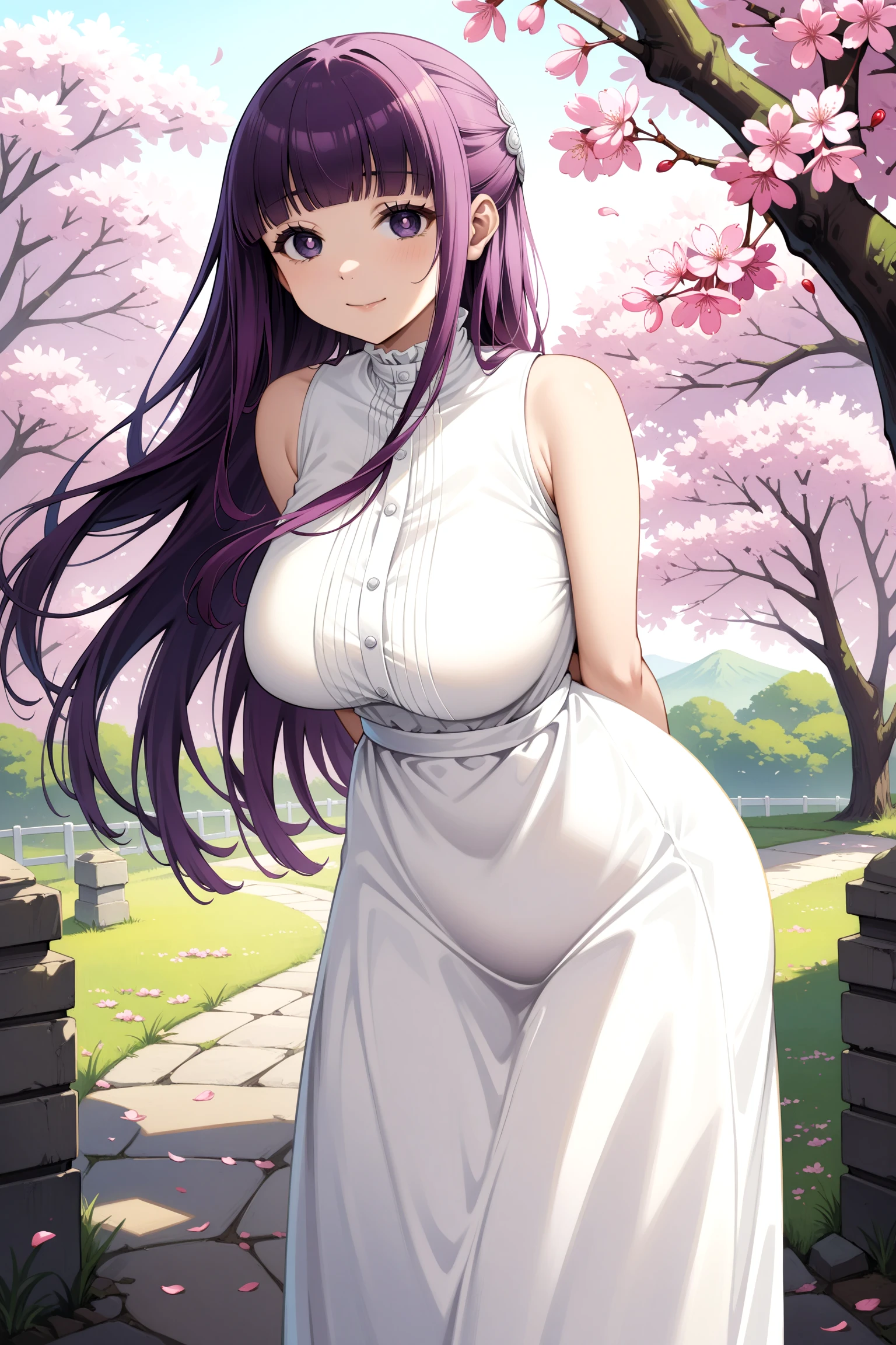 sousou no frieren, aafern, long hair, blunt bangs, long dress, white dress, sleeveless, <lora:fern_xl_(animagine)_v1:0.9>, standing, cowboy shot, smile, arms behind back, leaning forward, cherry blossoms, outdoors,
(masterpiece, best quality, very aesthetic, ultra detailed), intricate details, 4k