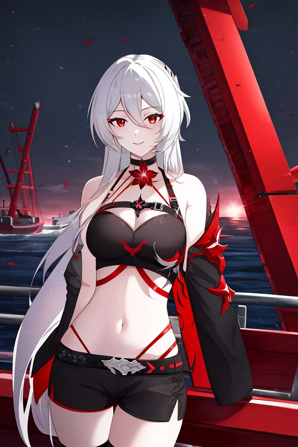 <lora:redacheron_SD:0.75> redacheron, light smile, 1girl, long hair, absurdly long hair,  white hair, red eyes, pale skin, medium breasts, cleavage, blac bikini, black shorts, navel, midriff, red flower, honkai \(series\), 
BREAK
in shipyard, industrial, ship, day, light shafts, bright horizon