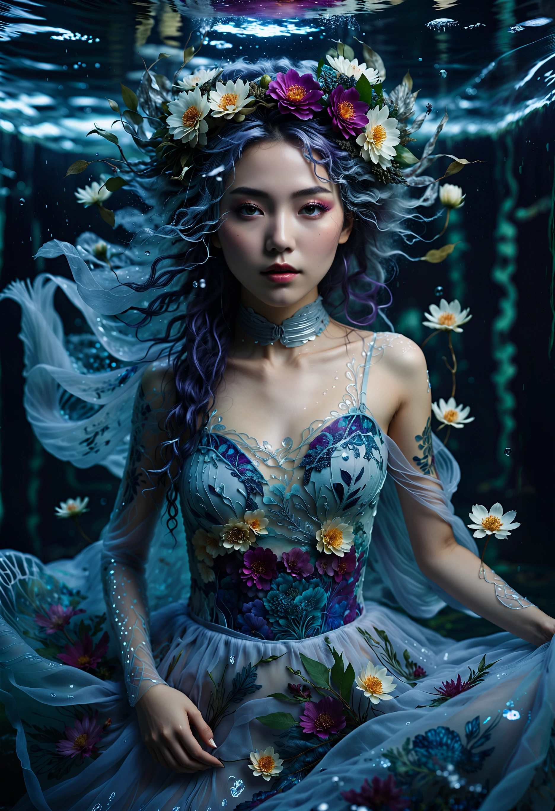 imagine, dream of, cinematic photo neonpunk style floating dress, water, woman, fantasy, ethereal, dreamy, underwater, nature, artistic, magical, serene, tranquil, fantastical, surreal, enchanting, captivating, and mesmerizing. The image showcases a woman submerged in water, with her face and upper body visible. She is adorned with a floral headpiece made of flowers and leaves, and her skin is covered in intricate patterns resembling frost or ice. Her hair flows around her, adding to the dreamy ambiance. The dress she wears is translucent, floating dress, water, woman, fantasy, ethereal, dreamy, underwater, nature, artistic, magical, serene, tranquil, fantastical, surreal, enchanting, captivating, and mesmerizing. The image showcases a woman submerged in water, with her face and upper body visible. She is adorned with a floral headpiece made of flowers and leaves, and her skin is covered in intricate patterns resembling frost or ice. Her hair flows around her, adding to the dreamy ambiance. The dress she wears is translucent . cyberpunk, vaporwave, neon, vibes, vibrant, stunningly beautiful, crisp, detailed, sleek, ultramodern, magenta highlights, dark purple shadows, high contrast, cinematic, ultra detailed, intricate, professional . 35mm photograph, film, bokeh, professional, 4k, highly detailed