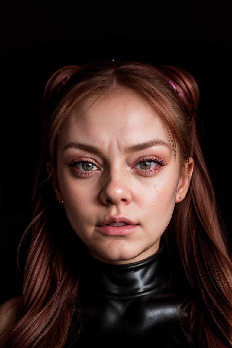 Side portret of elle fanning. Dark background, bright light up front, detailed face, face tilted to the left, showing her right cheek, topless, dark background, transforming into a cow, hucow, bovine dna,