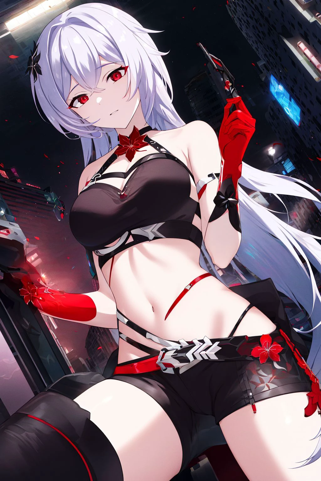 <lora:redacheron_SD:0.75> redacheron, fisheye lens, 1girl, long hair, absurdly long hair,  white hair, red eyes, pale skin, medium breasts, cleavage, thighs, boots, black sleeveless shirt, black shorts, navel, midriff, red flower, honkai \(series\), 
modern office building, glass, metal structure, minimalism, artificial lighting, bright light, science fiction,