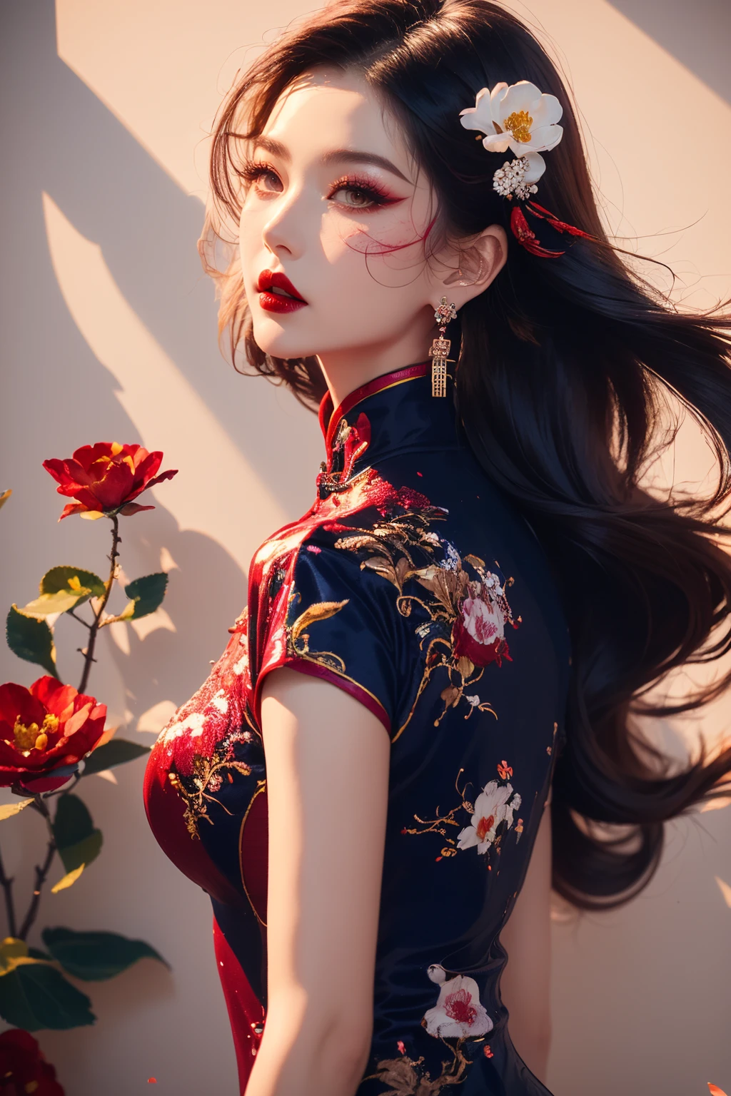 qipao,1girl,solo,red hair,long hair,hair ornament,jewelry,earrings,dress,hair flower,flower,chinese clothes,red lips,makeup,short sleeves,red flower,breasts,looking at viewer,purple dress,china dress,petals,upper body,lipstick,facial mark,parted lips,eyelashes,arms at sides,eyeshadow,medium breasts,very long hair,<lora:qipao_1.0:1>,