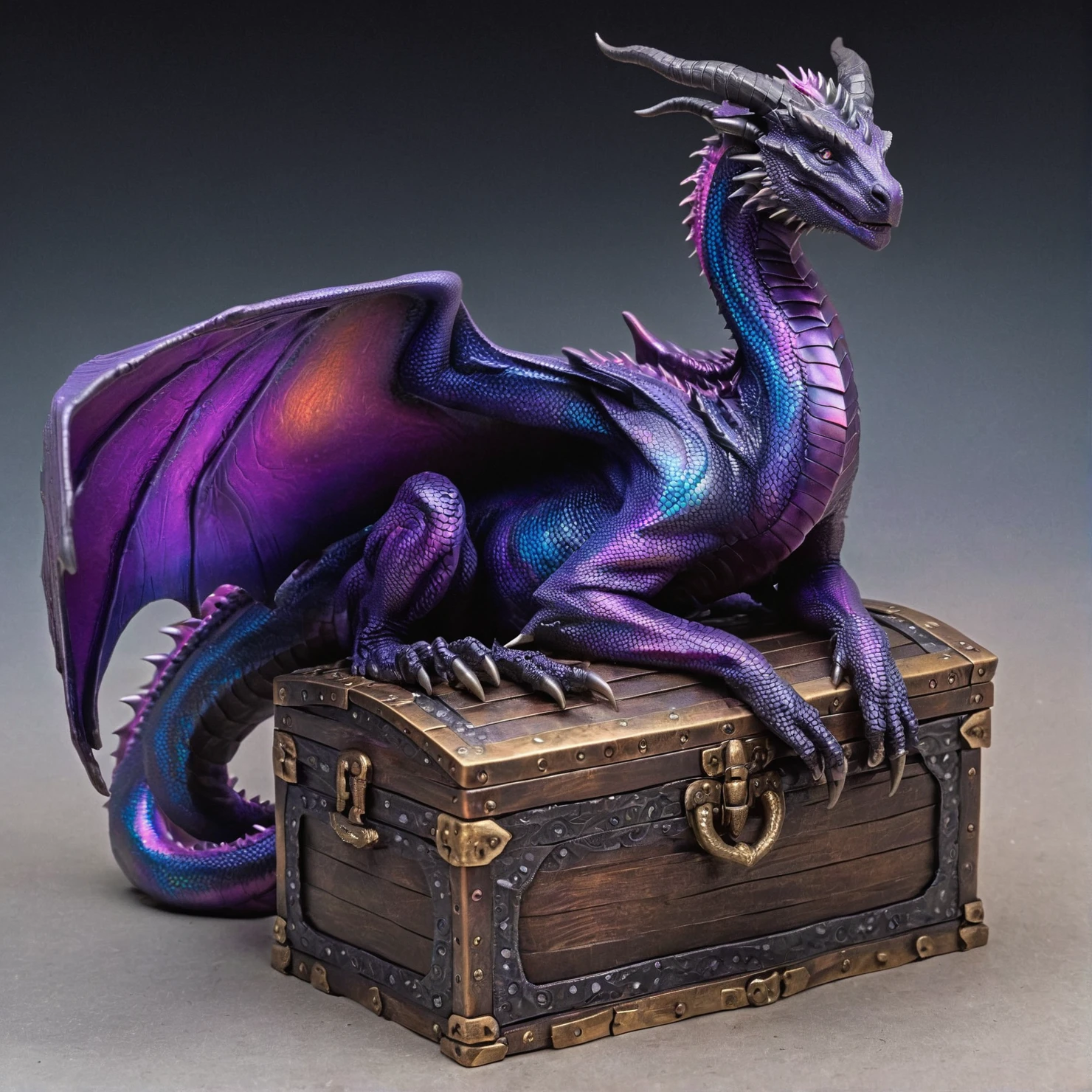 timascus style,a western dragon guarding a treasure chest, solo, feral, full body, sitting, wings, tail, claws, black scales , (SimplePositiveXLv2:0.6), <lora:Timascus_merge_update:1>,<lora:Dragons:1>