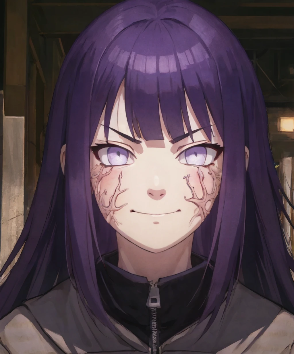 veins,white eyes,anger vein,1girl,solo,purple hair,long hair,looking at viewer,closed mouth,smile,upper body,facial mark,<lora:byakugan-05:1>,