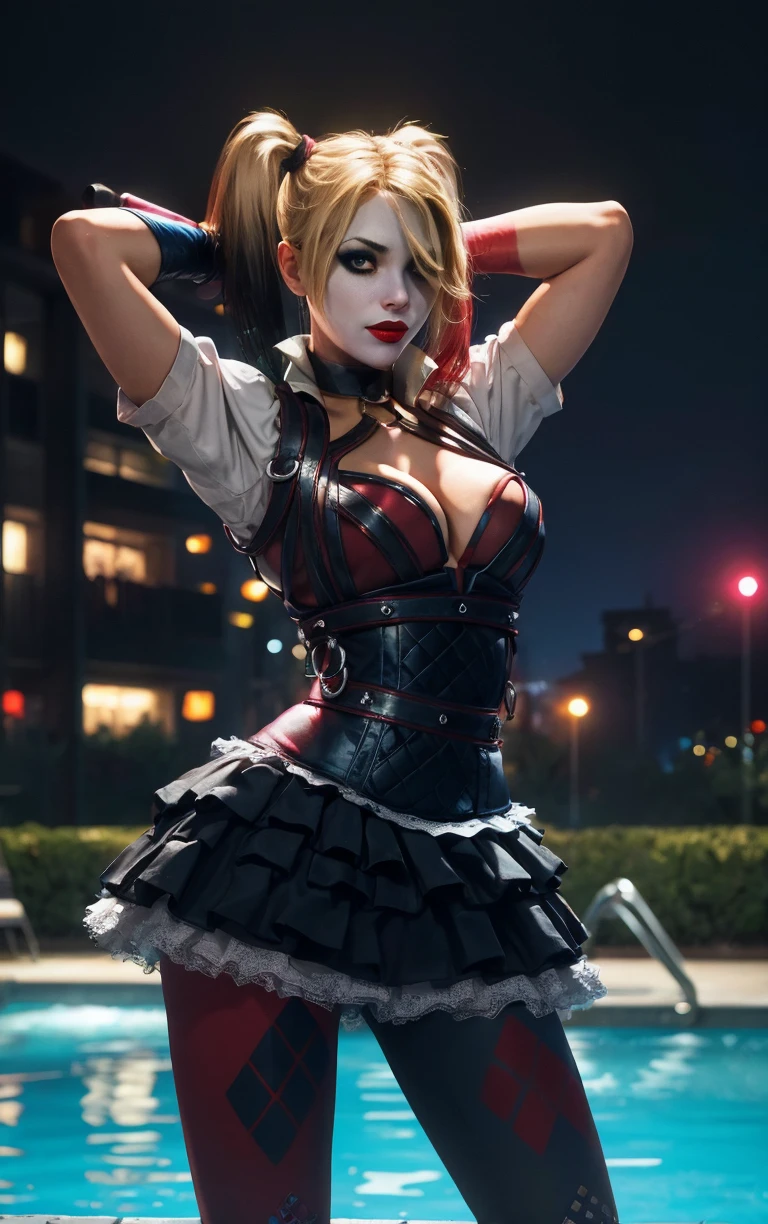 (masterpiece, best quality:1.4), insaneres, absurdres, solo, looking at viewer, BREAK 
GAME_ArkhamKnight_HarleyQuinn_ownwaifu, 
1girl, blonde hair, twintails, breasts, makeup, multicolored hair, lipstick, large breasts, blue eyes, red lips, hair over one eye, eyeshadow, short twintails, two-tone hair, 
cleavage, skirt, pantyhose, choker, asymmetrical legwear, uneven legwear, gloves, mismatched legwear, puffy sleeves, detached sleeves, o-ring, frilled skirt, corset, thighhighs, frills, short sleeves, puffy short sleeves, 
(contrapposto, arms behind head), neon_lights, cityscape, night, pool, full moon, outdoors, <lora:GAME_ArkhamKnight_HarleyQuinn_ownwaifu:0.9> , depth of field 
,