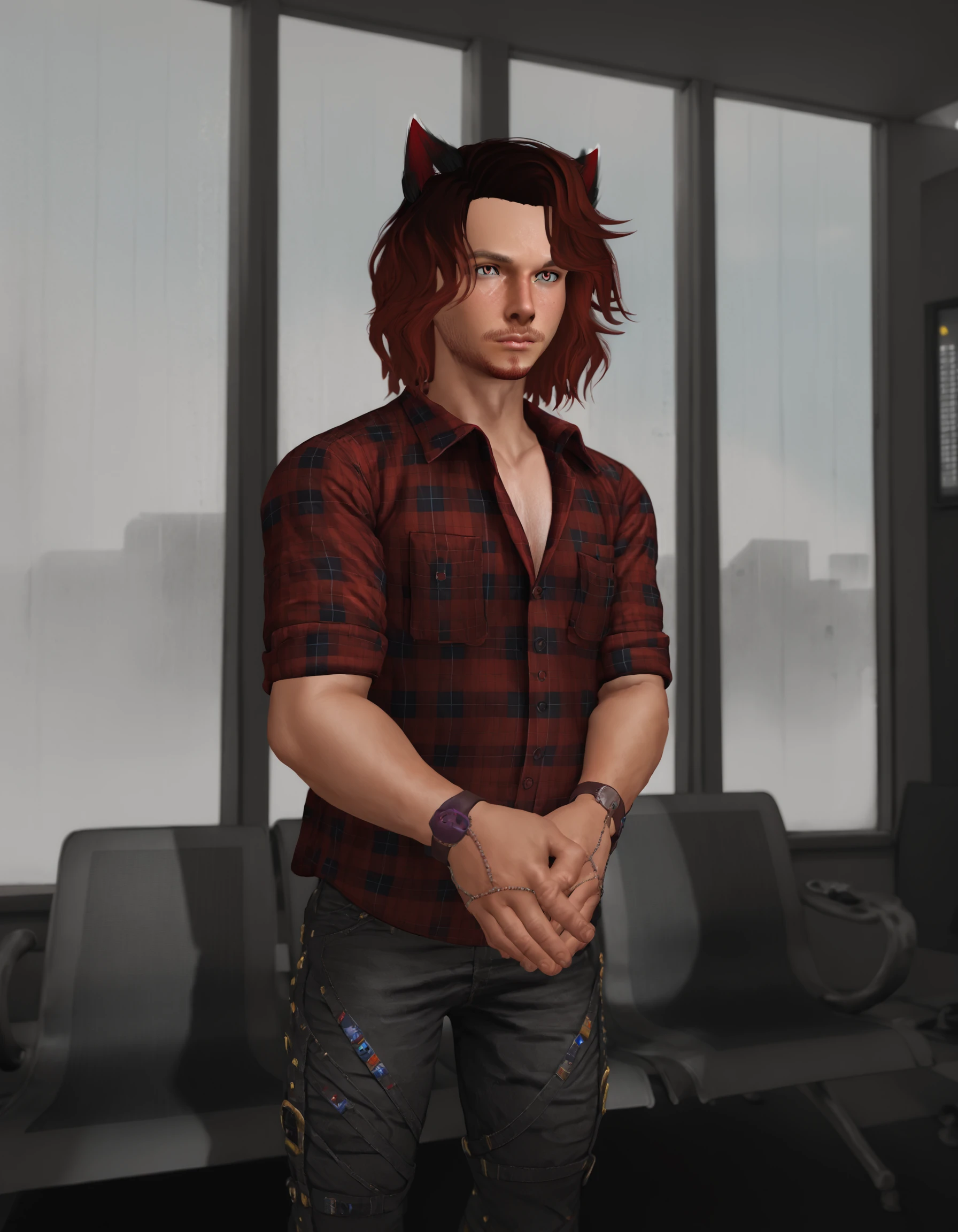 score_9, score_8_up, score_7_up, score_6_up, score_5_up, score_4_up, Matoyaiivi Naagora Solas, solo, brown hair, shirt, 1boy, animal ears, male focus, red hair, pants, cat ears, plaid, window, facial hair, own hands together, denim, red shirt, watch, wristwatch, plaid shirt, animal ears, animal ear fluff, indoors, depth of field, specular highlights, cinematic angle, dreamlike, <lora:MatoyaXvoor:1>