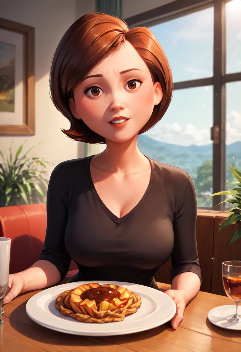 masterpiece,best quality, highly detailed, score_9, score_8_up, score_7_up, score_6_up,source anime,<lora:xl_more_art-full_v1:0.8>,
BREAK
 <lora:helenXL:0.8>helen, 1girl, brown hair, solo, plate, food, looking at viewer, short hair,mature female,  parted lips, sitting, shirt, upper body, teeth, indoors, black shirt, brown eyes