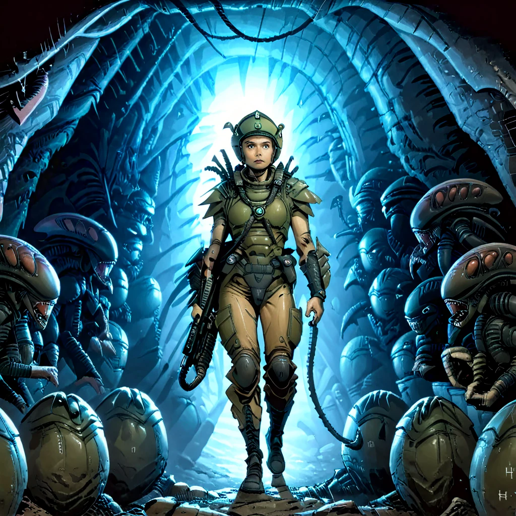 a woman in a a cave holding a large weapon with both hands, wearing military uniform and helmet, xenoegg, alien hive, xenomorph, hvyflamer