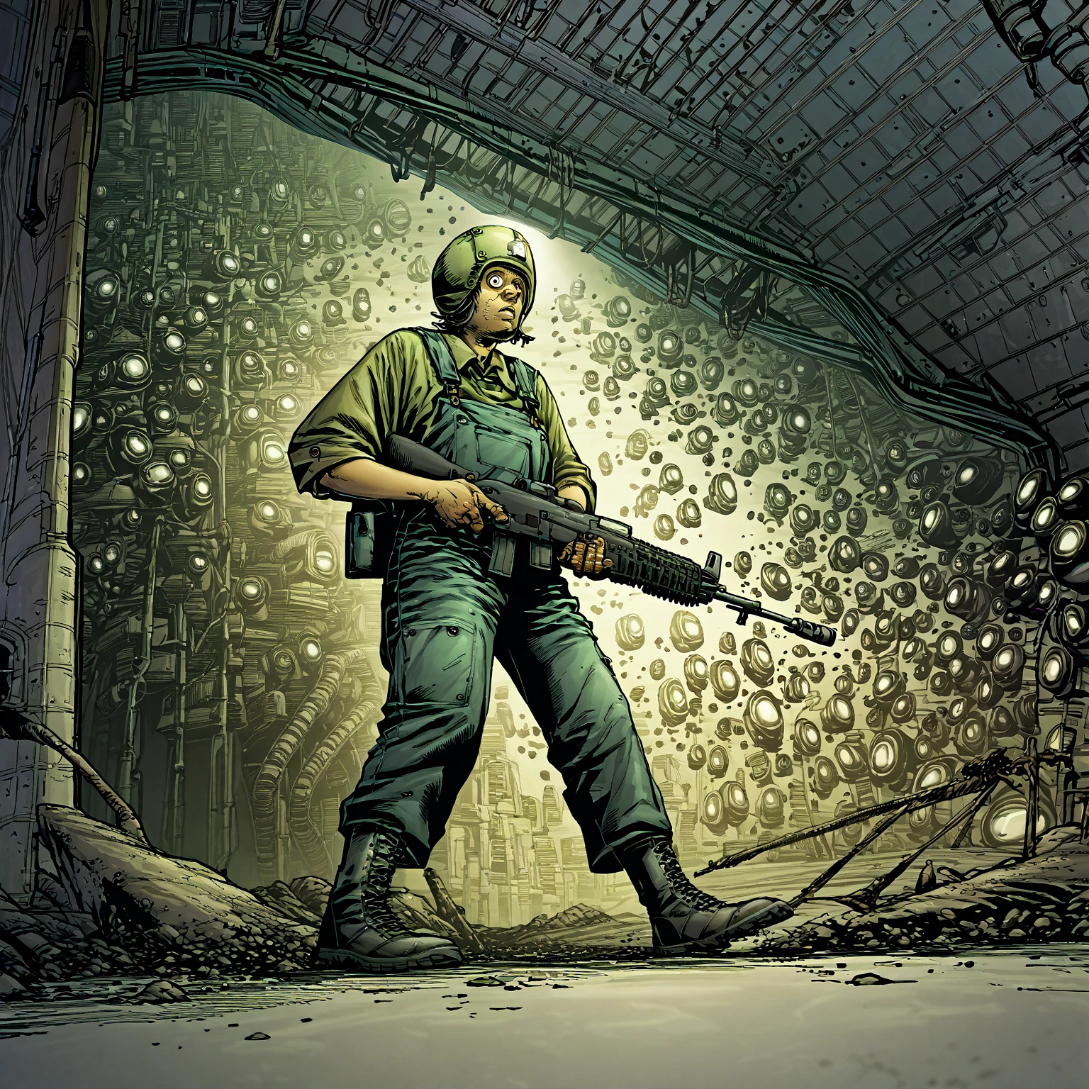 score_9, score_8_up, score_7_up, score_6_up, score_5_up, score_4_up, source_cartoon, BREAK, a woman in military overalls and boots aiming a weapon, padded spaceship corridor, emergency light, horror, panic, xenocomic, science fiction, helmet, holding weapon, military, uniform, assault rifle, spacecraft,