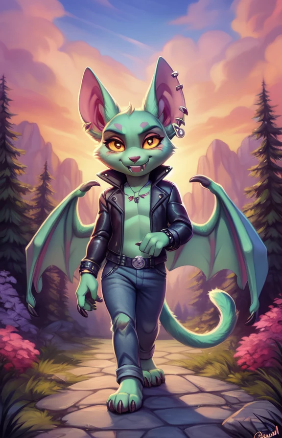 CatBatCrashTeamRumbleRoc  <lora:CatBatCrashTeamRumbleRoc:0.75>  jacket , yellow sclera, green skin, wings, white fangs,, pants, piercings, chibi,
textured fur, [Forest, path, trees, sky clouds, mountains,] solo,  looking at viewer, to his full height,  boy male,  wristband on the tail,
by Ulitochka, by Levelviolet, by Castitas, by Personalami