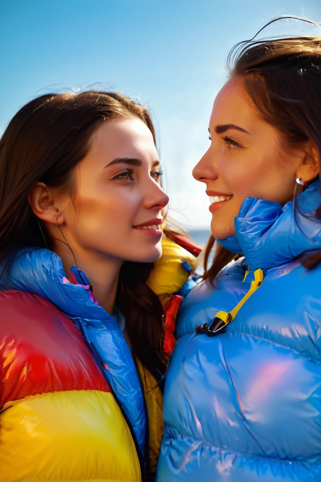 Stunning portrait of two sweet, cute, slim, long haired, young European woman on a beach. they are dressed in (shiny), colorful, completely enclosureable, (puffer down outfits:1.3) by parkasite, very high yoked. ((they are in love, cuddle and kiss)). all other people are summer dressed. emotional, tempting, dramatic, high detail, realistic, realistic character design, inspiring, intense emotion, masterpiece, 8k, RAW photo, portrait, best quality, ultra high res, photorealistic, cinematic lightning, digital painting, storytelling, high resolution, depth of field, lens flare, <lora:Parkasite_XL:1>