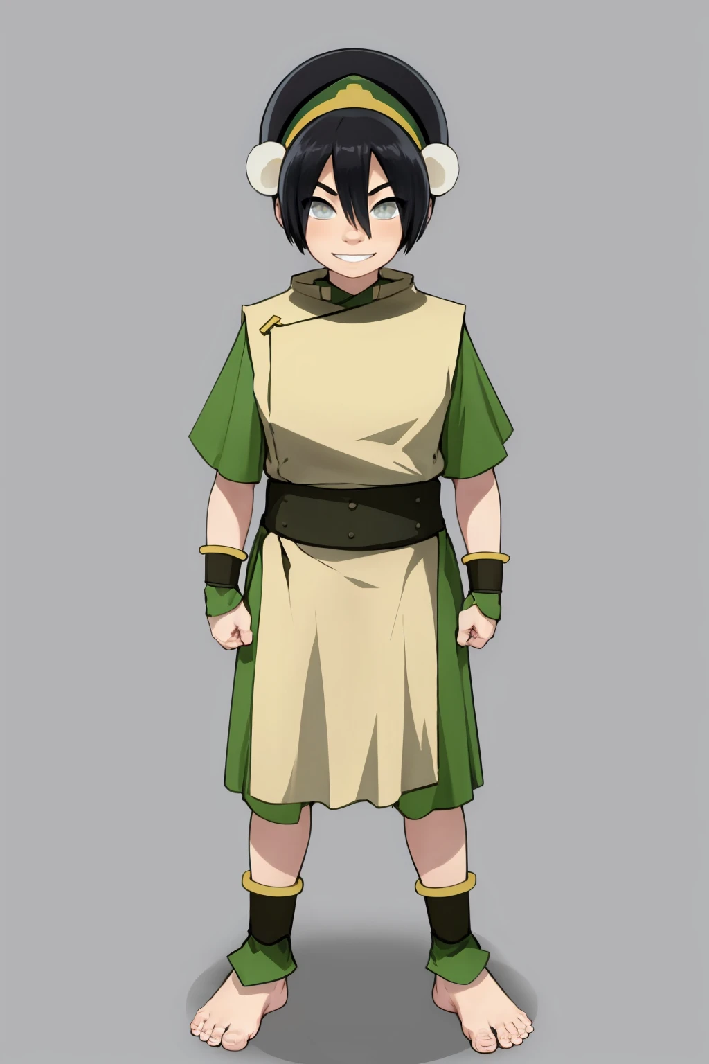 masterpiece, best quality,
1girl, toph, bangs, black hair, blind, grey eyes, hair between eyes, hair bun, hairband, short hair, short sleeves, tunic, chinese clothes, barefoot,
full body, standing, clenched hands, looking at viewer, smile, solo, simple background    <lora:Toph:1>