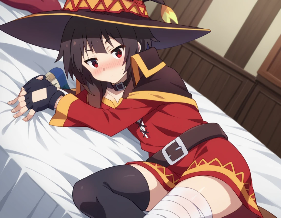 score_9, score_8_up, score_7_up, source_anime,
konosubamegumin, <lora:konosuba-megumin-s2-ponyxl-lora-nochekaiser:1>,
megumin, short hair, black hair, red eyes, short hair with long locks,
thighhighs, gloves, hat, dress, black gloves, belt, black thighhighs, fingerless gloves, cape, collar, witch hat, bandages, red dress, single thighhigh, asymmetrical legwear, bandaged leg,
indoors, bed, bed room, on side, blush, drunk,
looking at viewer, dutch angle, cowboy shot,