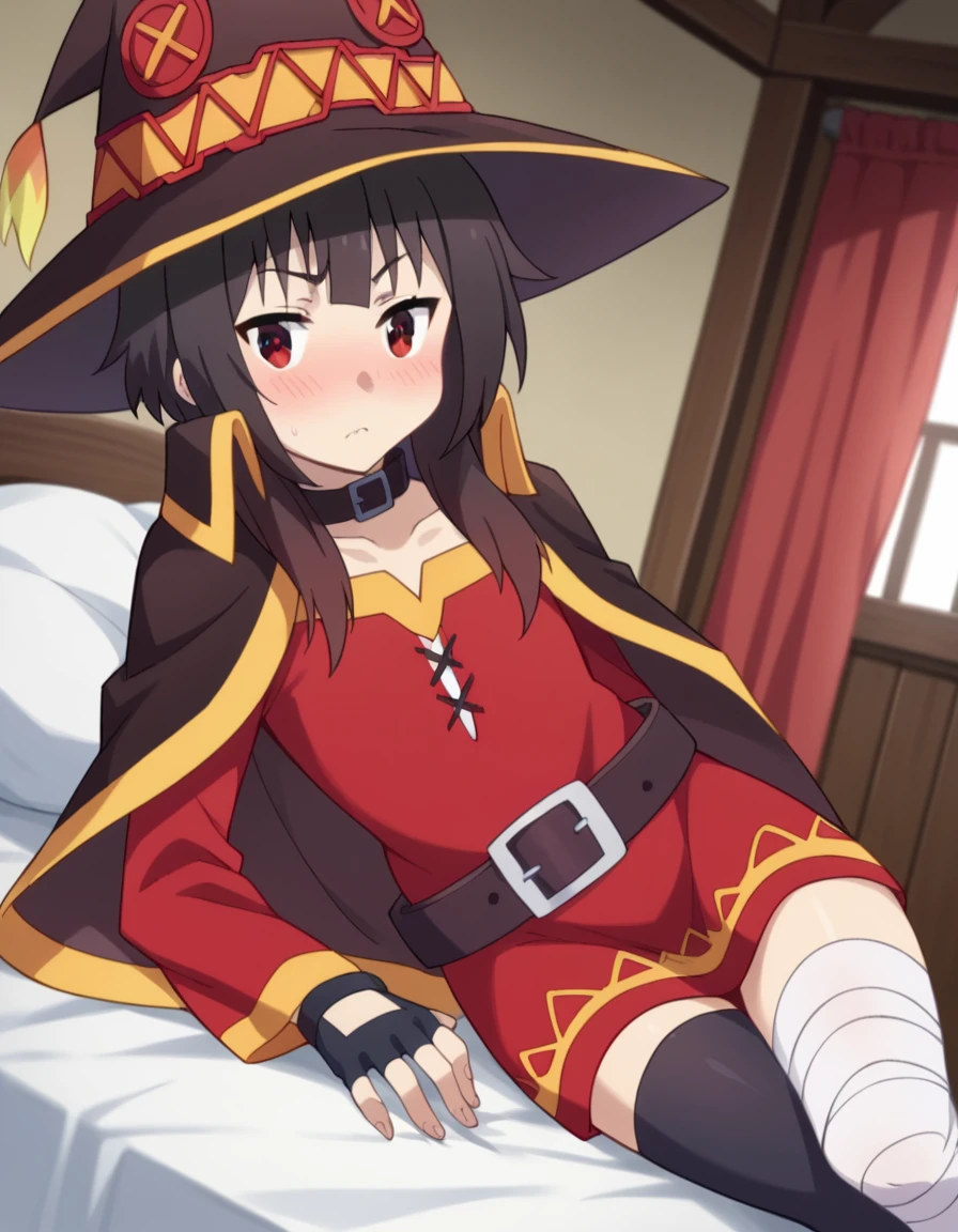 score_9, score_8_up, score_7_up, source_anime,
konosubamegumin, <lora:konosuba-megumin-s2-ponyxl-lora-nochekaiser:1>,
megumin, short hair, black hair, red eyes, short hair with long locks,
thighhighs, gloves, hat, dress, black gloves, belt, black thighhighs, fingerless gloves, cape, collar, witch hat, bandages, red dress, single thighhigh, asymmetrical legwear, bandaged leg,
indoors, bed, bed room, on side, blush, drunk,
looking at viewer, dutch angle, cowboy shot,