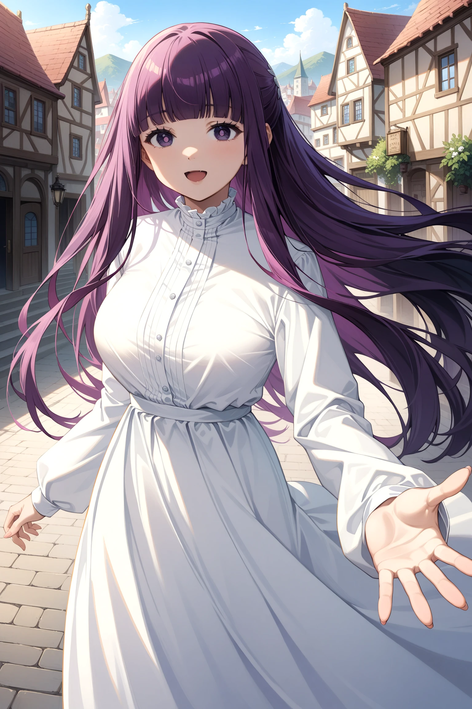 sousou no frieren, aafern, long hair, blunt bangs, long dress, white dress, long sleeves, <lora:fern_xl_(animagine)_v1:0.9>, standing, cowboy shot, reaching out, town, smile, open mouth, wind,
(masterpiece, best quality, very aesthetic, ultra detailed), intricate details, 4k