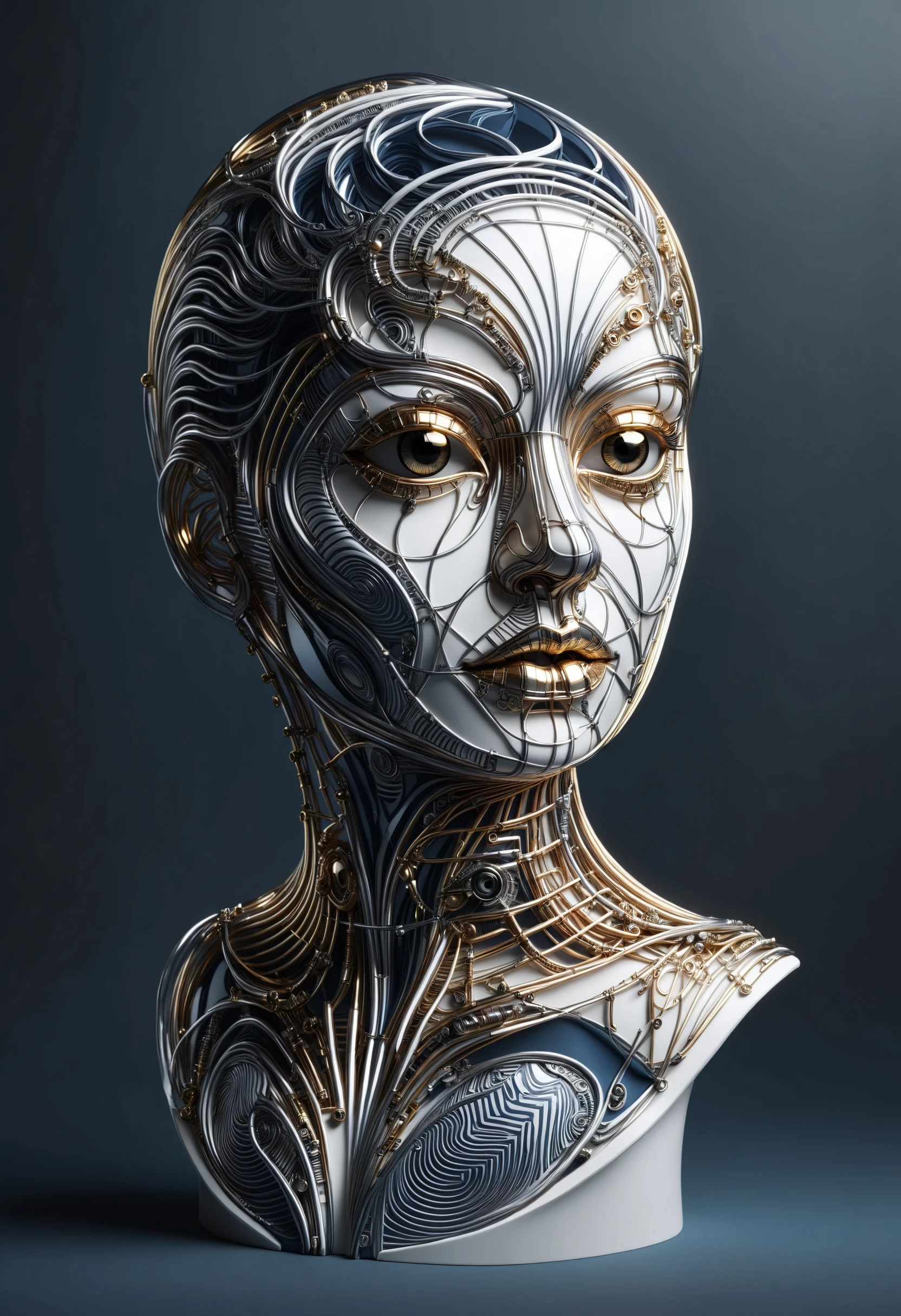 digital art of a bust patterned with black and white stripes with chrome reflections, gold eyes and lips accents, quantum wavetracing and voxel geometry influences, strong industrial urban influences BREAK light silver and dark blue background, selective focus <lora:dvr-trsh:0.5> dvr-trsh <lora:dvr-cpwr:0.8> dvr-cpwr