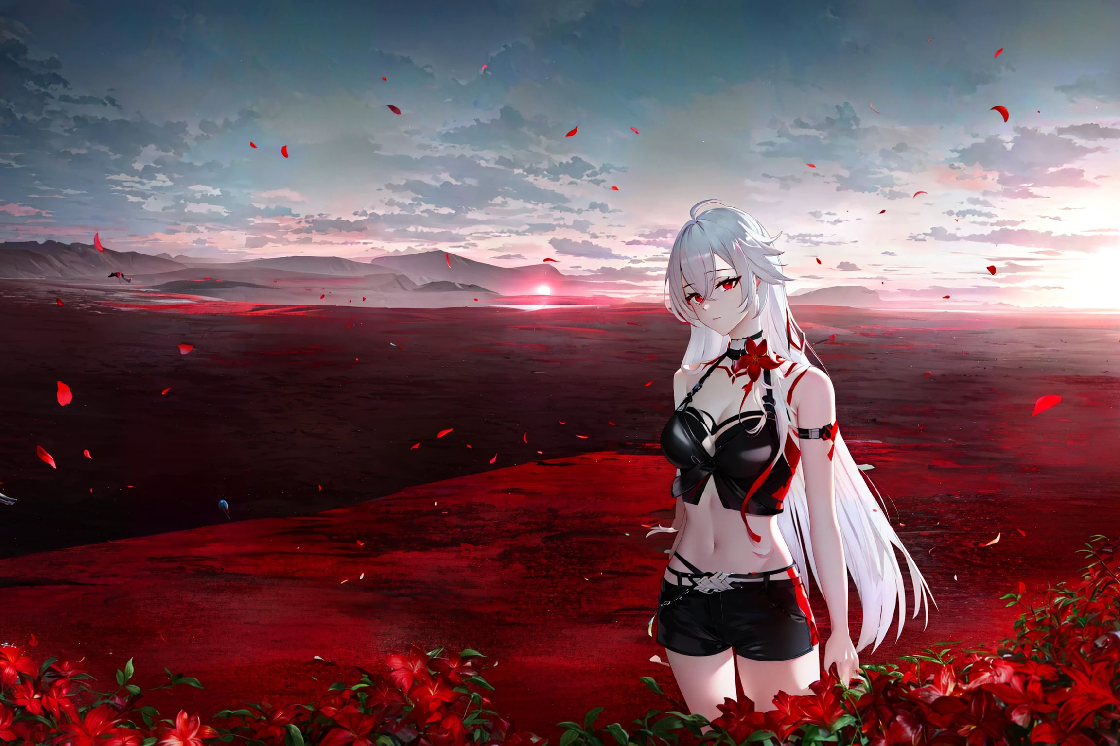 <lora:redacheron_SD:0.75> redacheron, wide angle lens, 1girl, long hair, absurdly long hair,  white hair, red eyes, pale skin, medium breasts, cleavage, black sleeveless top, black shorts, navel, midriff, honkai \(series\), red flowers, barren wasteland, black rocks, overcast, looking at viewer, volumetric fog, morning, sunrise, upper body, clear sky, white clouds, bright horizon