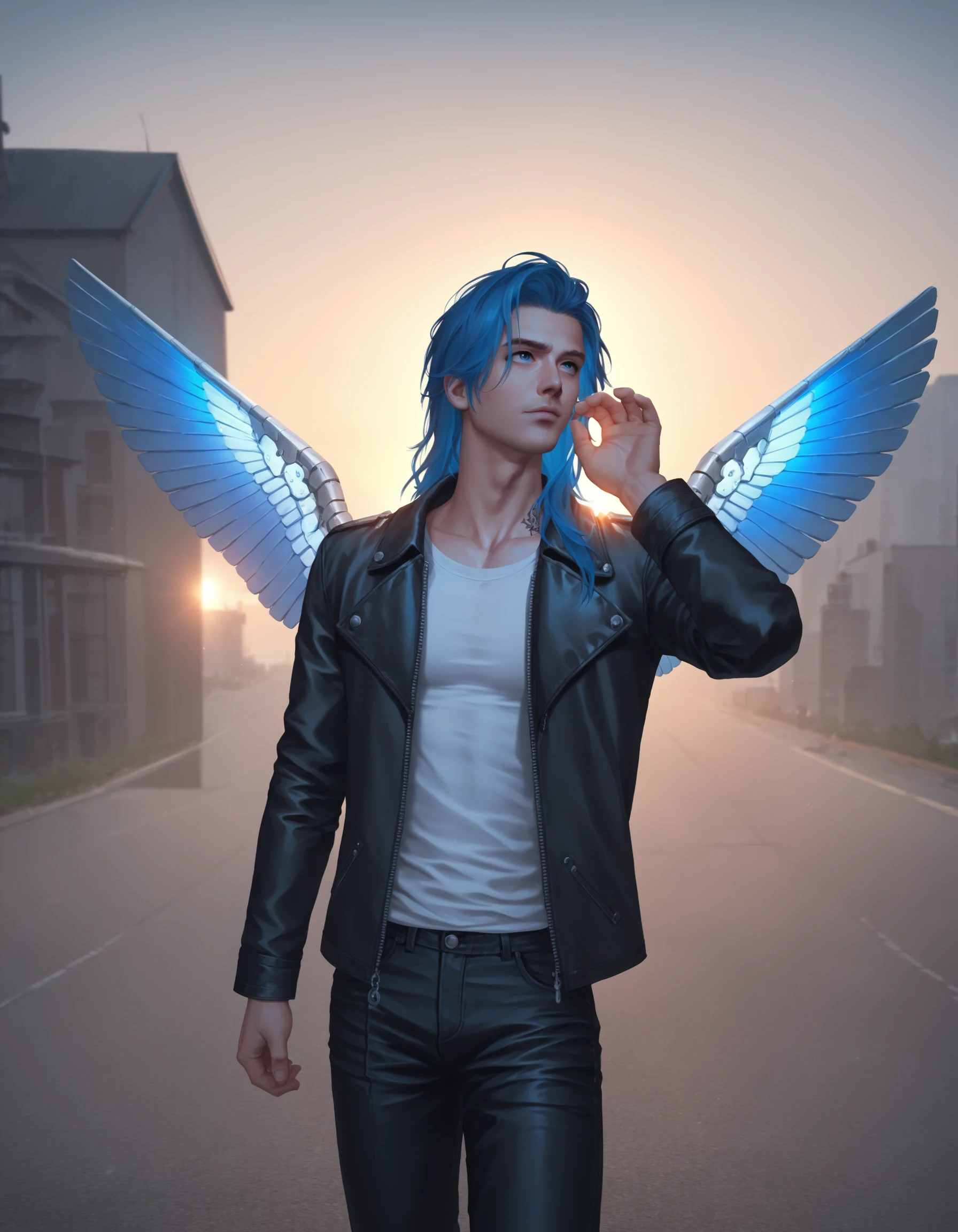 slsxl style, score_9, score_8_up, score_7_up, score_6_up, score_5_up, score_4_up, 1boy, Parker Solas, slsxl style, male focus, solo, long hair, blue hair, shirt, wings, mechanical wings, long sleeves, jacket, leather , open jacket, black jacket, leather jacket, white shirt, hand up, tattoo, black pants, open clothes, standing, sky, day, pants, building, outdoors, cinematic lighting, neon rim lighting, side lighting, rembrandt lighting, cinematic angle, <lora:VirtualDiffusionPonyXL:1>