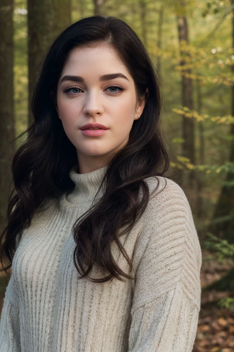 closeup headshot of S370_EvelynClaire,a beautiful woman,in a (forest:1.1),wearing a (black-sweater:1.1),(4k, RAW photo, best quality, 35mm, depth of field, ultra high res:1.1),(intricate, photorealistic, cinematic-shot, masterpiece, ultra-detailed:1.1),