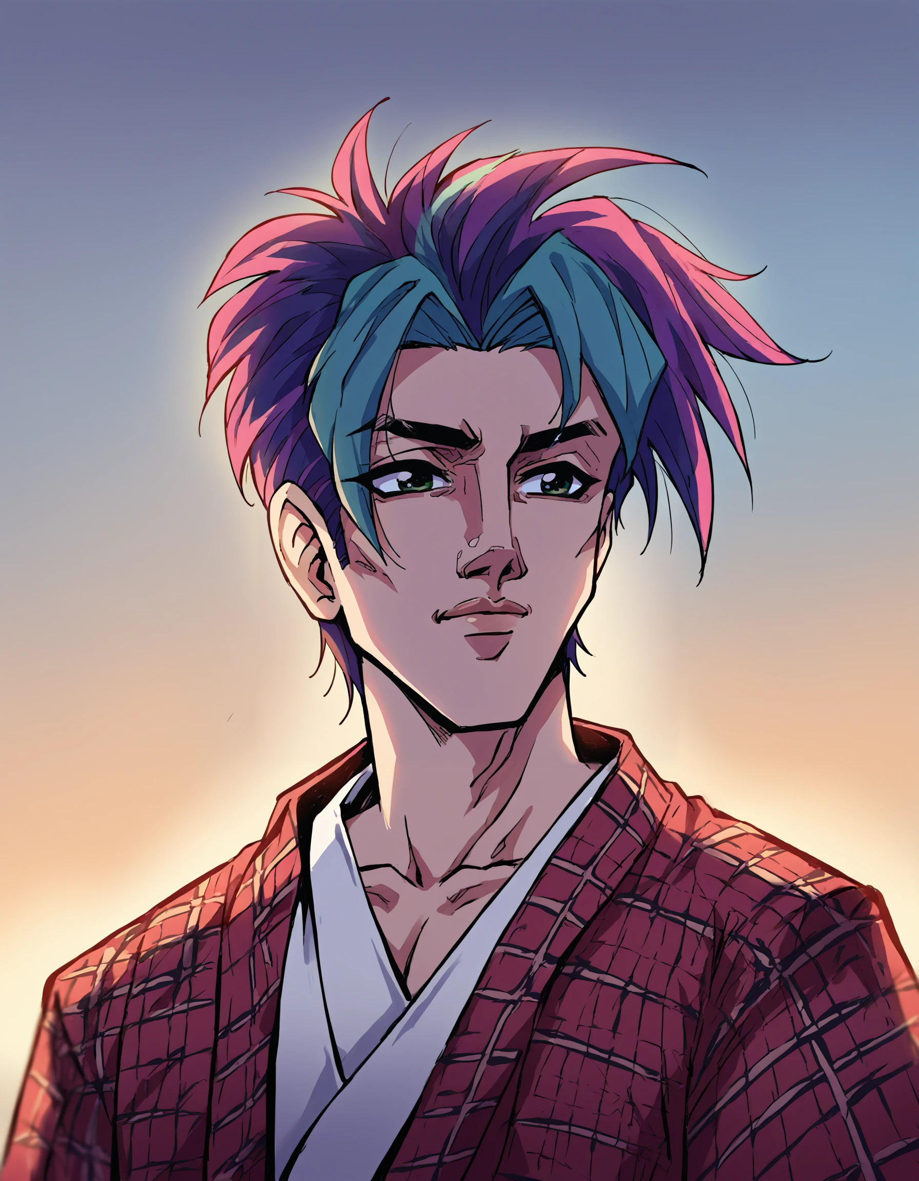 score_9, score_8_up, score_7_up, score_6_up, score_5_up, score_4_up, girl, feminine, female focus, kimono, large breasts, celtic tartan pattern, plaid kimono, upper body, anime hero of the sun, in the style of dark white and emerald, handsome, 8k, portrait, aurorapunk, sharp brushwork, barbiecore, source_anime, source_pony, source_cartoon , depth of field, outdoors, cinematic angle, flat color, dskflatz , <lora:Dskart_PnyXL_V2:0.8>