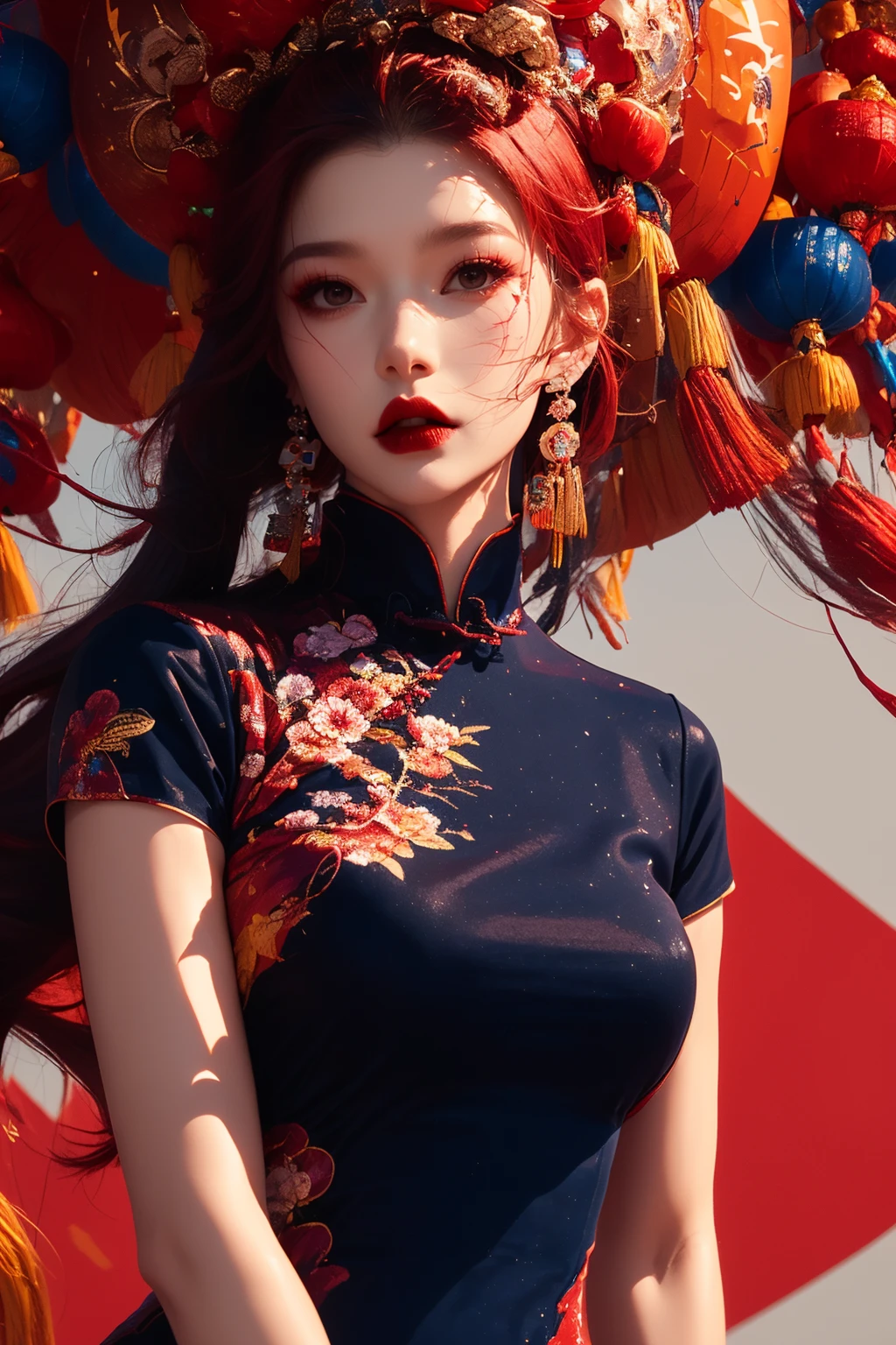 qipao,1girl,solo,red hair,long hair,hair ornament,jewelry,earrings,dress,hair flower,flower,chinese clothes,red lips,makeup,short sleeves,red flower,breasts,looking at viewer,purple dress,china dress,petals,upper body,lipstick,facial mark,parted lips,eyelashes,arms at sides,eyeshadow,medium breasts,very long hair,<lora:qipao_1.0:1>,