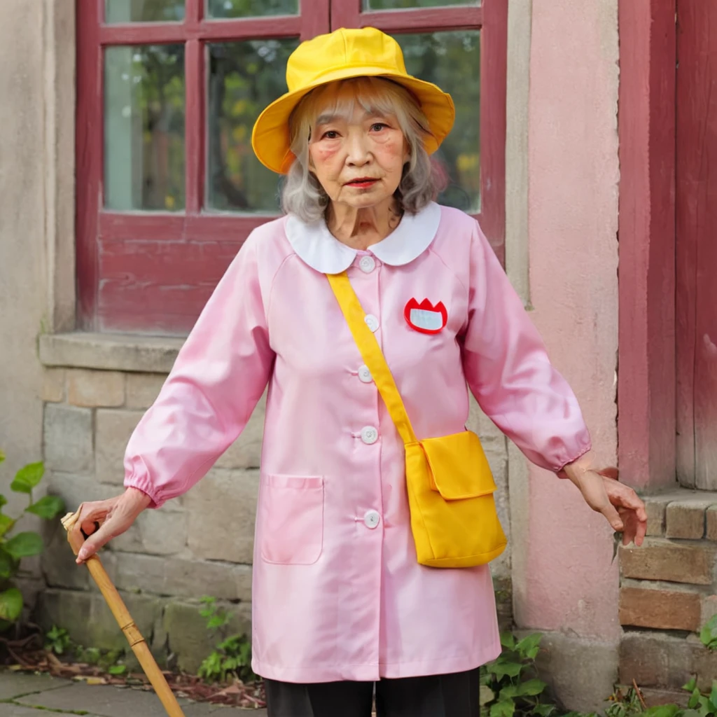 Generate a realistic image of a old woman wearing a pink yuchien and a small yellow hat. she is standing outside,. <lora:yuchienfuku:0.85>, full body,