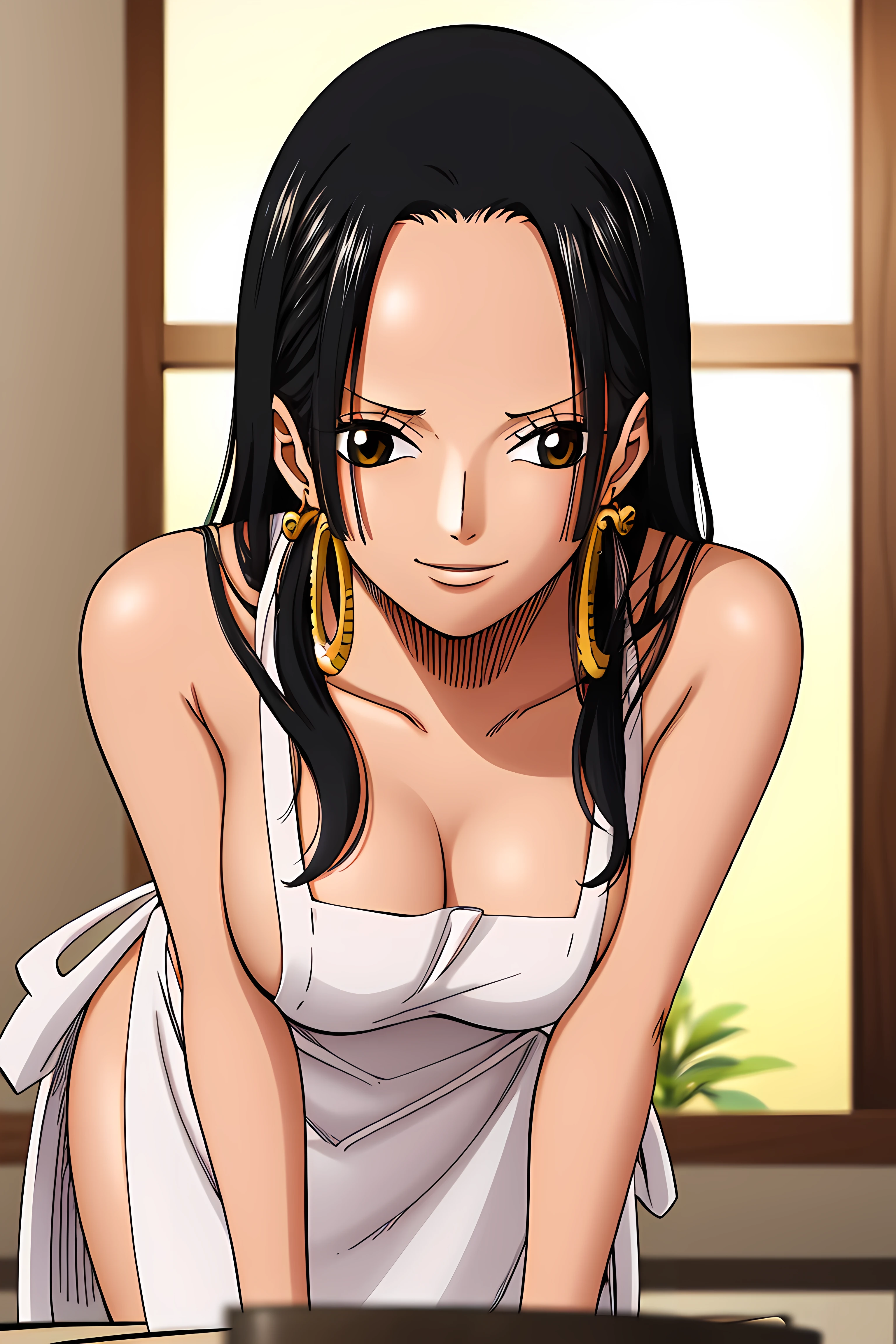 1girl, <lora:hebihime-09:1>, hebihime, large breasts, earrings, looking at viewer, nude (apron:1.2), table, bend over, slight smile