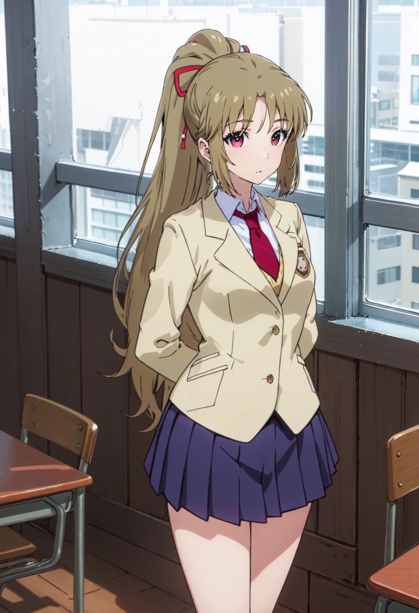 best quality, masterpiece, highres, solo, (yukina_kiritani_imocho:1.10), 1girl, blazer, blue skirt, indoors, pleated skirt, school uniform, window, red ribbon, classroom, school desk, arms behind back, brown eyes, standing, anime_style, 0 <lora:yukina_kiritani_imocho:0.80>