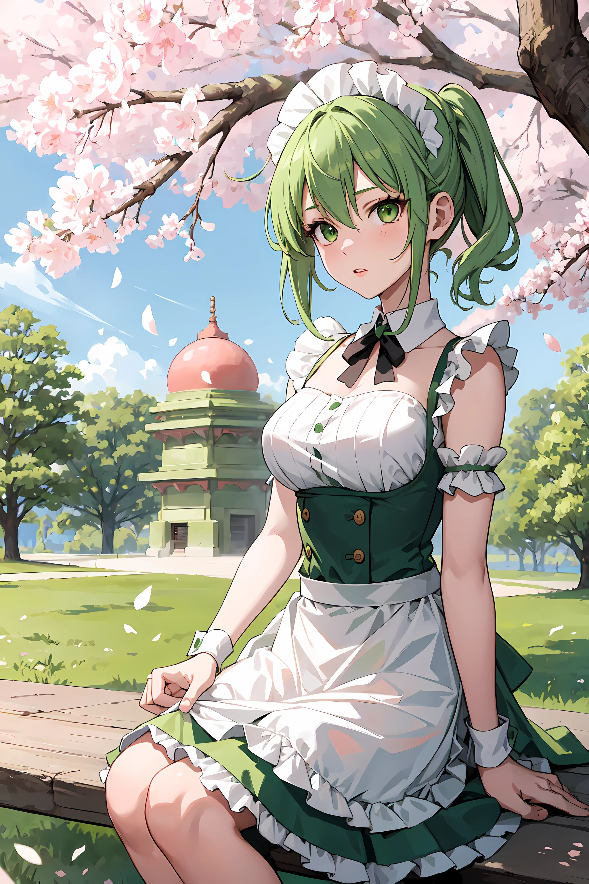 masterpiece, best quality, 1girl, solo, green hair, green eyes, maid outfit, park, sakura, trees, petals